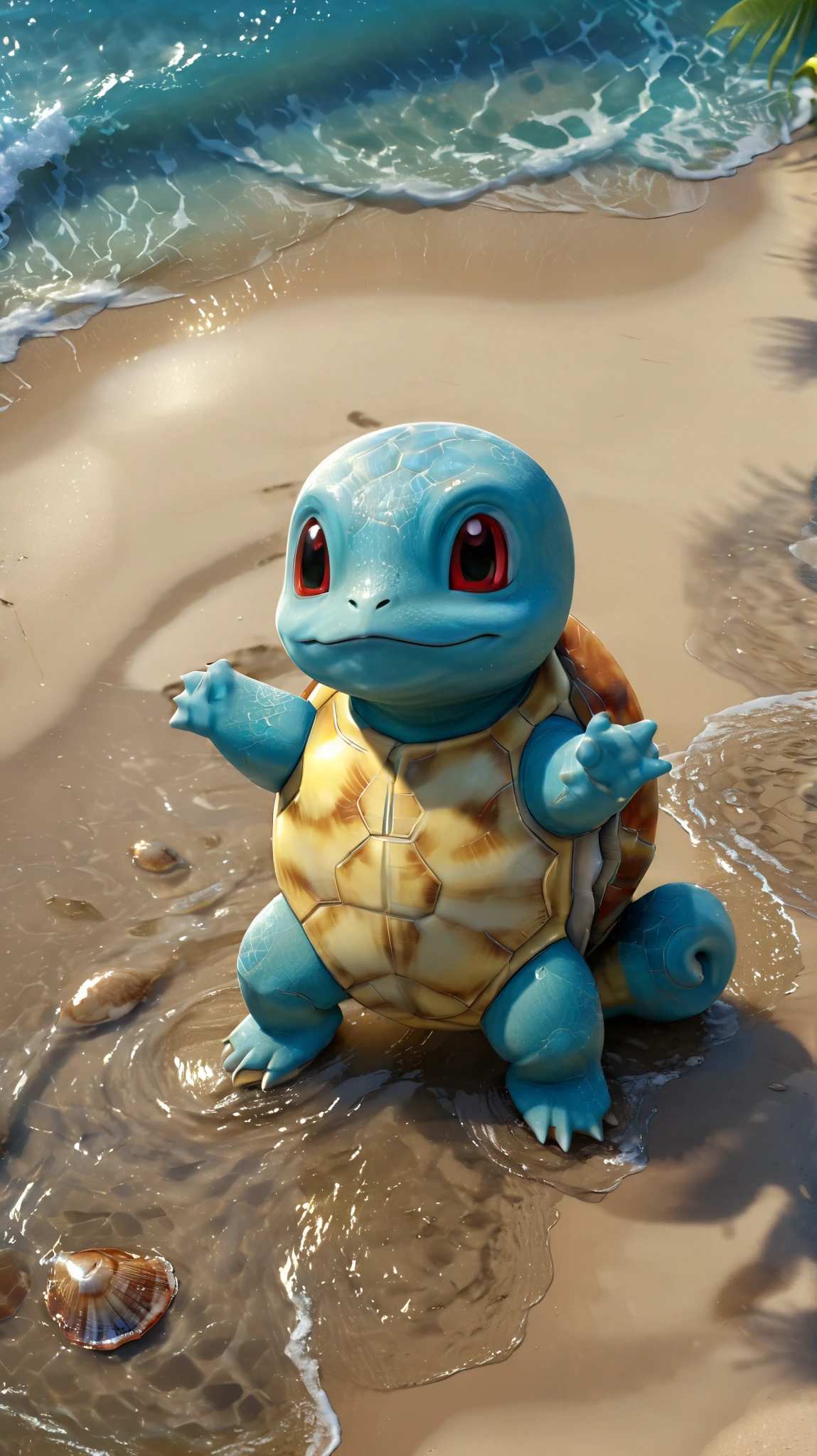 Ultra-realistic 4K image of Squirtle standing on a beautiful tropical beach. The sunlight reflects on the wet sand, and gentle ocean waves roll onto the shore. Squirtle's shell has detailed textures, with a glossy shine from the water. The scene captures a peaceful yet lively atmosphere, with palm trees swaying in the background and a few seashells scattered on the sand. The lighting is warm and natural, enhancing the realism of the image --niji6,--raw-stilyze 1000