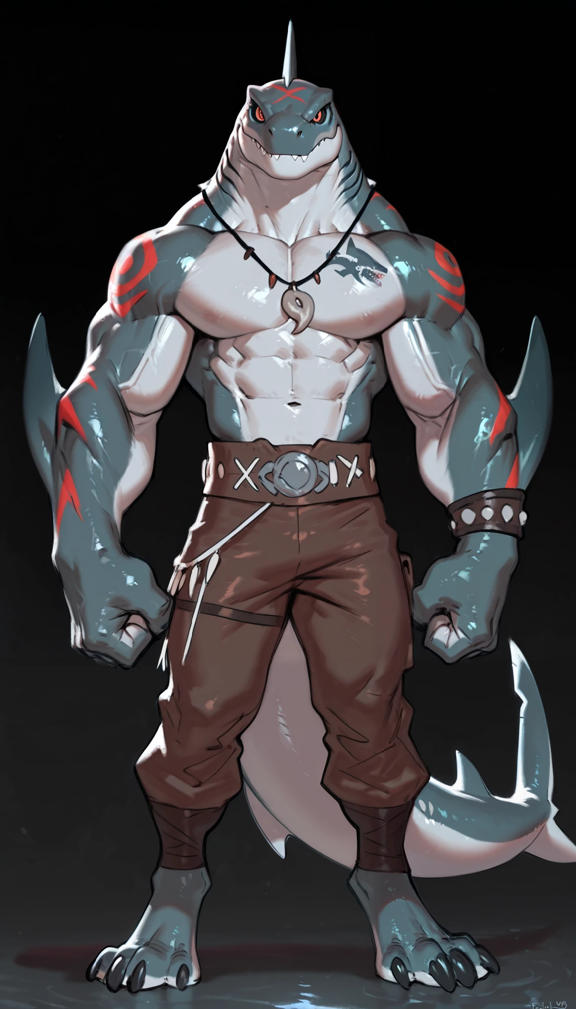 sharkman, anthro megalodon, darker hands and fins, black back, solo, big arms, bara, detailed skin, lizard shark hybrid, anthro, closed mouth, tribal polynesian tattoos, detailed shark skin, scalie arms, fins on arms, gray color body, beefy, thick scales on arms, digitigrade legs, proporcional body, mercenary pants, wide chest, trapezoid body type, marked jaw, thick shark tail, The design incorporates elements from various shark species, such as the dorsal fin, sharp teeth, and muscular build, best quality, sketch, ultra-detailed, by Buta99, by taran fiddler, by honovy, by Riolutiny, detailed illustration of 4K horror, standing ready to fight