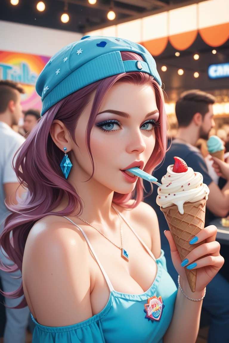 A realistic woman sucking and licking a delirious ice cream, with her tongue licking in front of an 8K camera --auto --s2