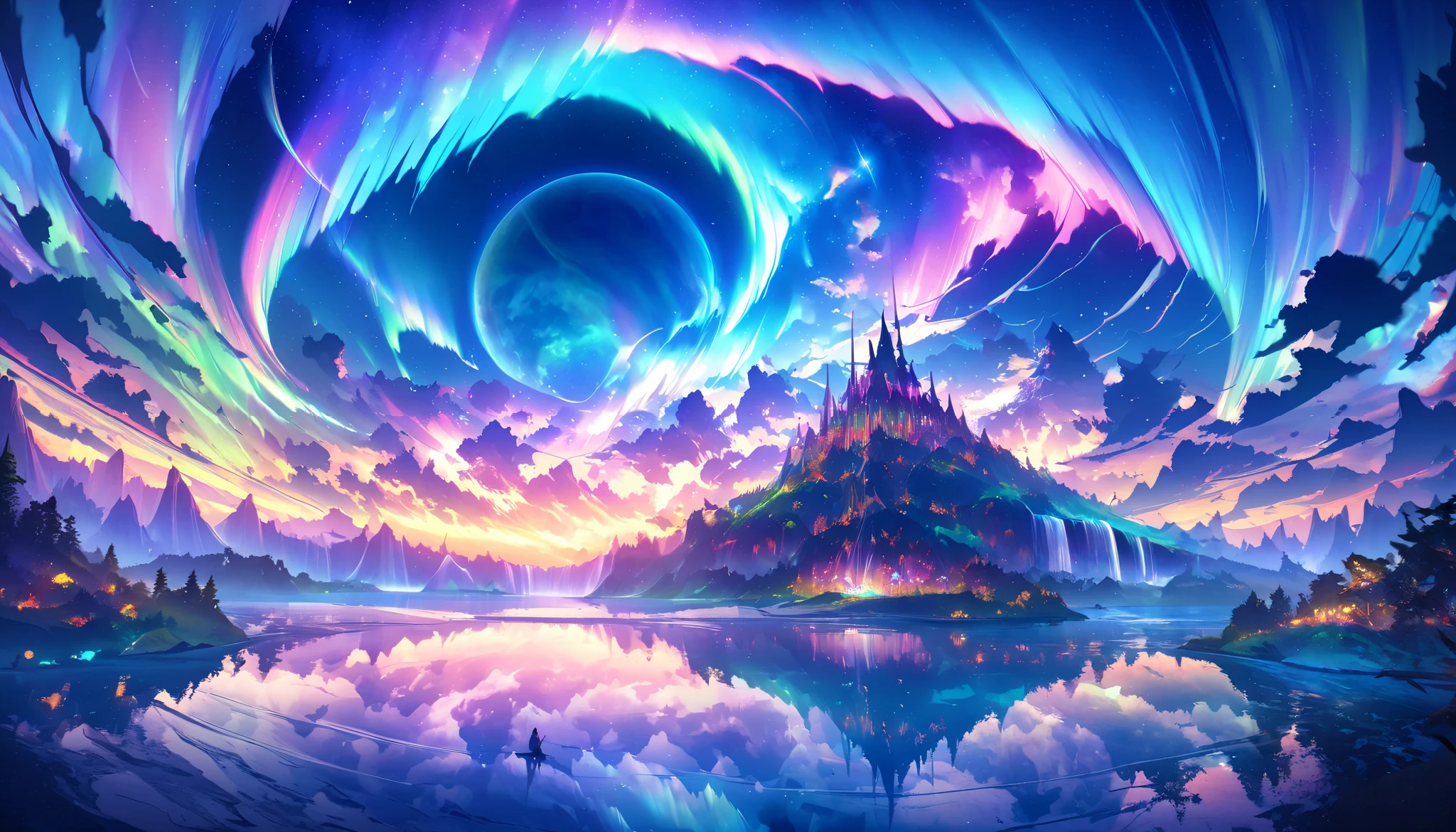 paradise, colorful, Dreamy Fantasy Scenery ,Extremely Coloured Scenery, cloud, light piercing through the cloud, Magnificent and Majestic Scenery , shot with a fisheye lens , Large planets and auroras are visible in the sky, Multiple beautiful waterfalls , Water reflection , Gentle waterfalls ,flower々, quiet atmosphere, Richness in details, Surreal Beauty , magical aura, Fantasy Scenery , high quality digital art , vibrant colors, amazing lighting , A fascinating scene , Artistic Expression, Sensation of Another World , Beautiful brushwork, Spectacular Scenery , Peaceful silence , x} Immersive Experience , Breathtaking Scenery , Picturesque Scenery , Mysterious charm, Mysterious Atmosphere , nuance, Magical Dreams.No People Appear ,