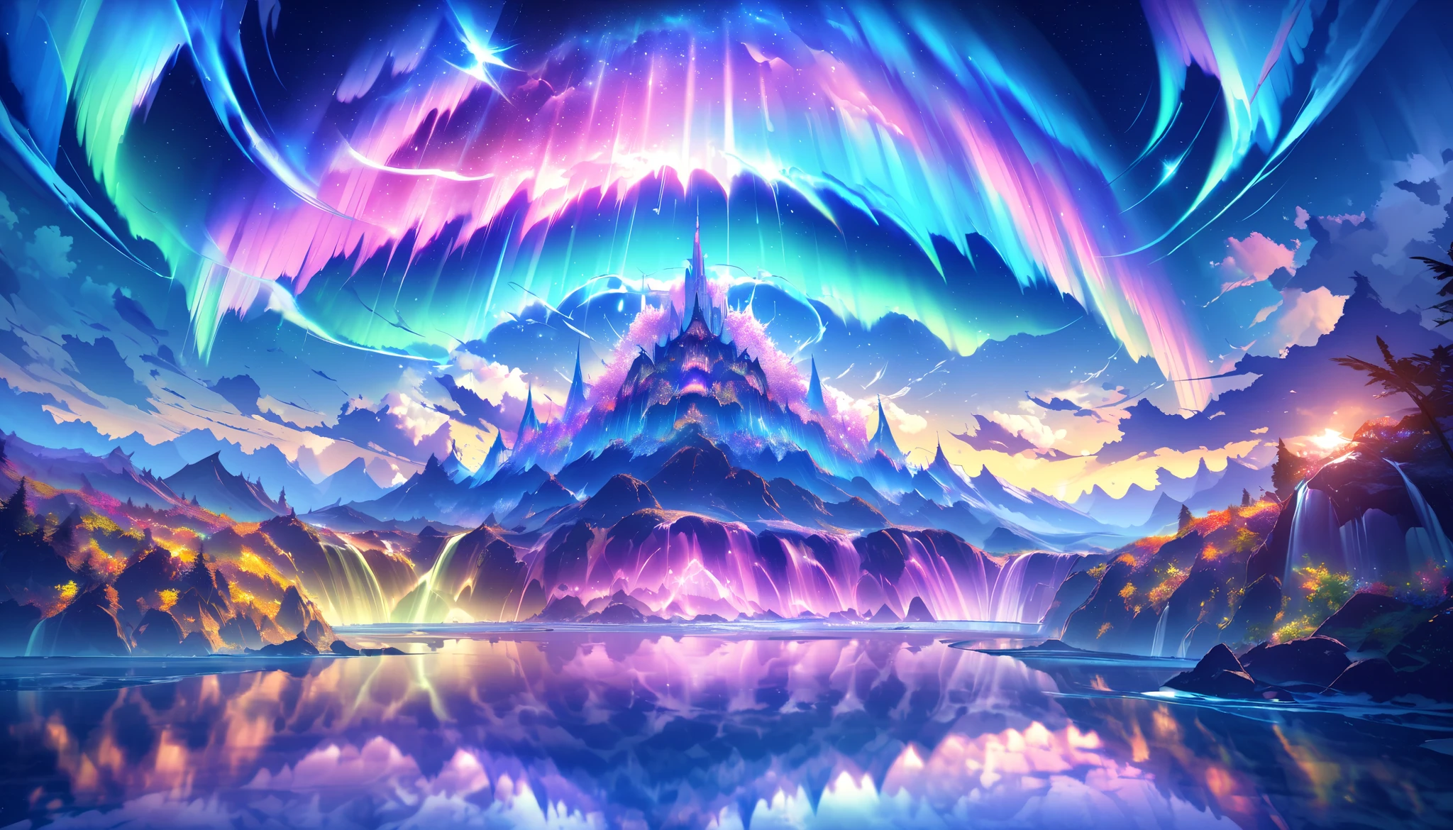 paradise, colorful, Dreamy Fantasy Scenery ,Extremely Coloured Scenery, cloud, light piercing through the cloud, Magnificent and Majestic Scenery , shot with a fisheye lens , Large planets and auroras are visible in the sky, Multiple beautiful waterfalls , Water reflection , Gentle waterfalls ,flower々, quiet atmosphere, Richness in details, Surreal Beauty , magical aura, Fantasy Scenery , high quality digital art , vibrant colors, amazing lighting , A fascinating scene , Artistic Expression, Sensation of Another World , Beautiful brushwork, Spectacular Scenery , Peaceful silence , x} Immersive Experience , Breathtaking Scenery , Picturesque Scenery , Mysterious charm, Mysterious Atmosphere , nuance, Magical Dreams.No People Appear ,