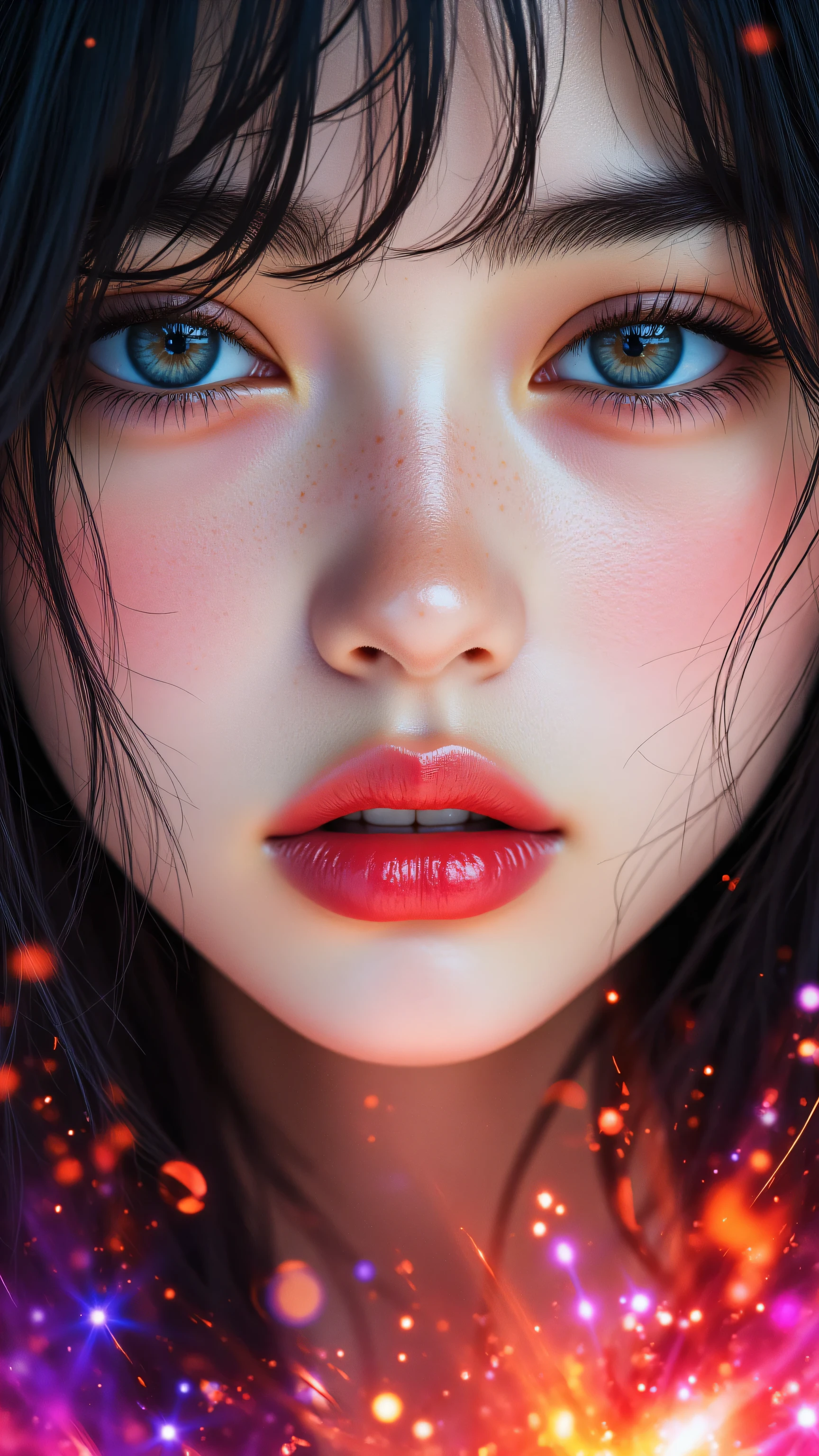 8k, masterpiece, highest quality, Korea's Beautiful Women, Close-up, three-quarter view, serene, delicate, well-defined, pinkish-red lips, vibrant, abstract, reds, pinks, blues, silky, satiny, buttoned, chaotic, glowing, purples, oranges, blues, nebulas, cosmic dust, saturated, intense, realistic, surreal.
