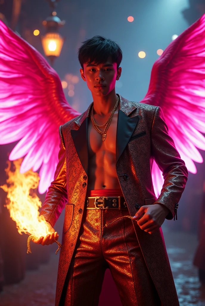 A asian boy like Mighty Archangel Michael,19 years old, handsome, Full Body Shoot, Short Quiff hairstyle, (eyes contact), look at camera, detailed facial parts, Manly, with a muscular constitution :: high detail, is in battle armor, flaming blue sword of golden pearls, a flaming sacred aura radiating from his body, without wings, moon background, surreal, fantasy, magical, intricate details, (dynamic upper body posture: 1.1), depth of field. Best quality, masterpiece, ultra high resolution, (anime realism, photorealistic: 1.4), perfect composition, centered, symmetry
