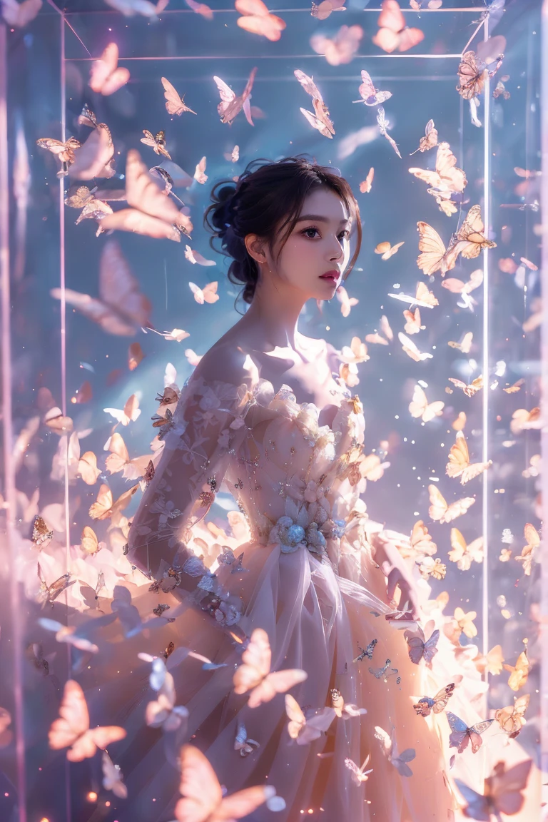 of Kinghere fenseji,One Beautiful Korean Girl , brown bun hair, butterfly , Alone , gown ,white butterfly , look at the viewer , realistic ,parted lips,white gown ,lips,bare shoulders,( masterpiece :1,2), highest quality , masterpiece , random background, original ,Highly detailed wallpaper, perfect lighting,( CG high detail :1.2,