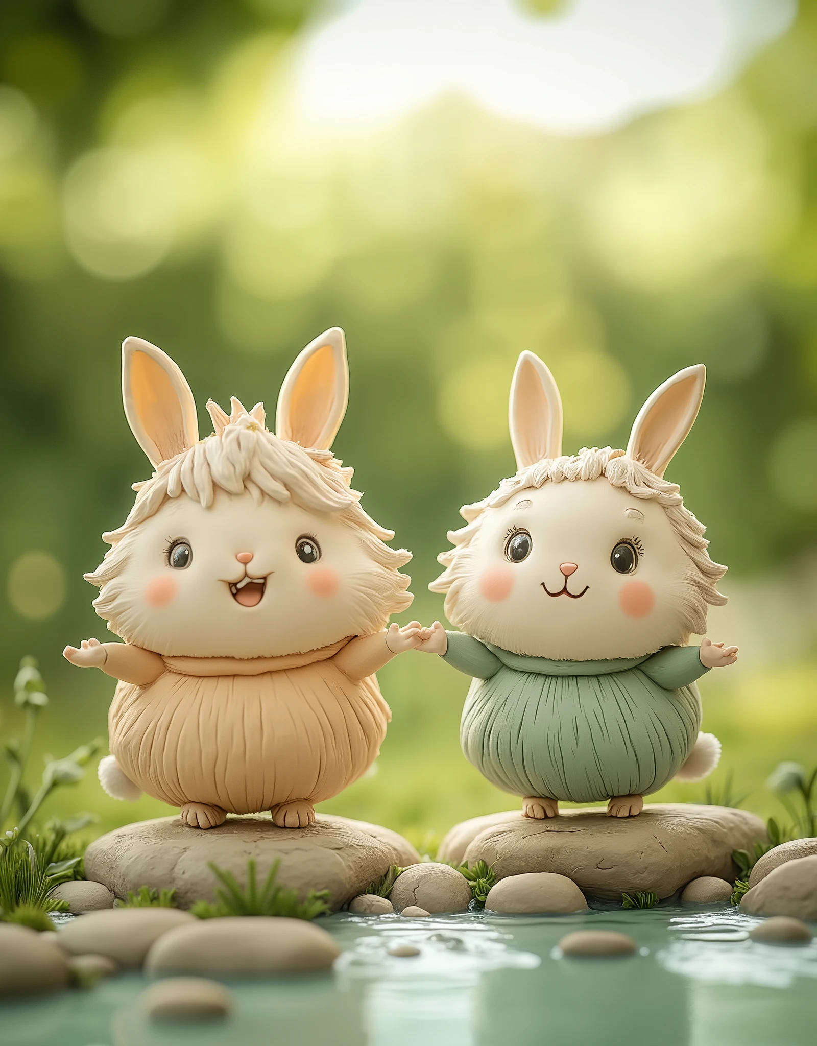 Image of a cute creatures, their body is like a fluffy fur ball, bright colour yet soft tone, tiny hands and legs, big eyes, ears like a rabbit, cute large smile, tail like a bunny. They are hopping on stones after one another crossing the river , and each has different fur colour. They are playful.