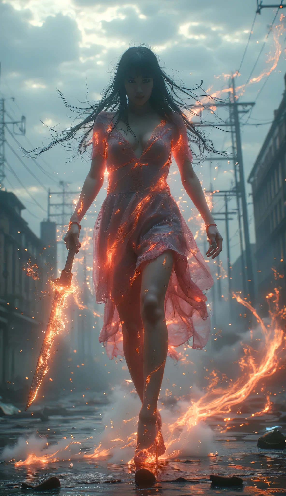wild female werewolf with green eyes and long, unruly brown hair, wears a simple white dress to the knees and a black cape.. She walks through the city at night, Wherever she steps, small plants grow in the concrete, the woman emanates a green spiritual energy.