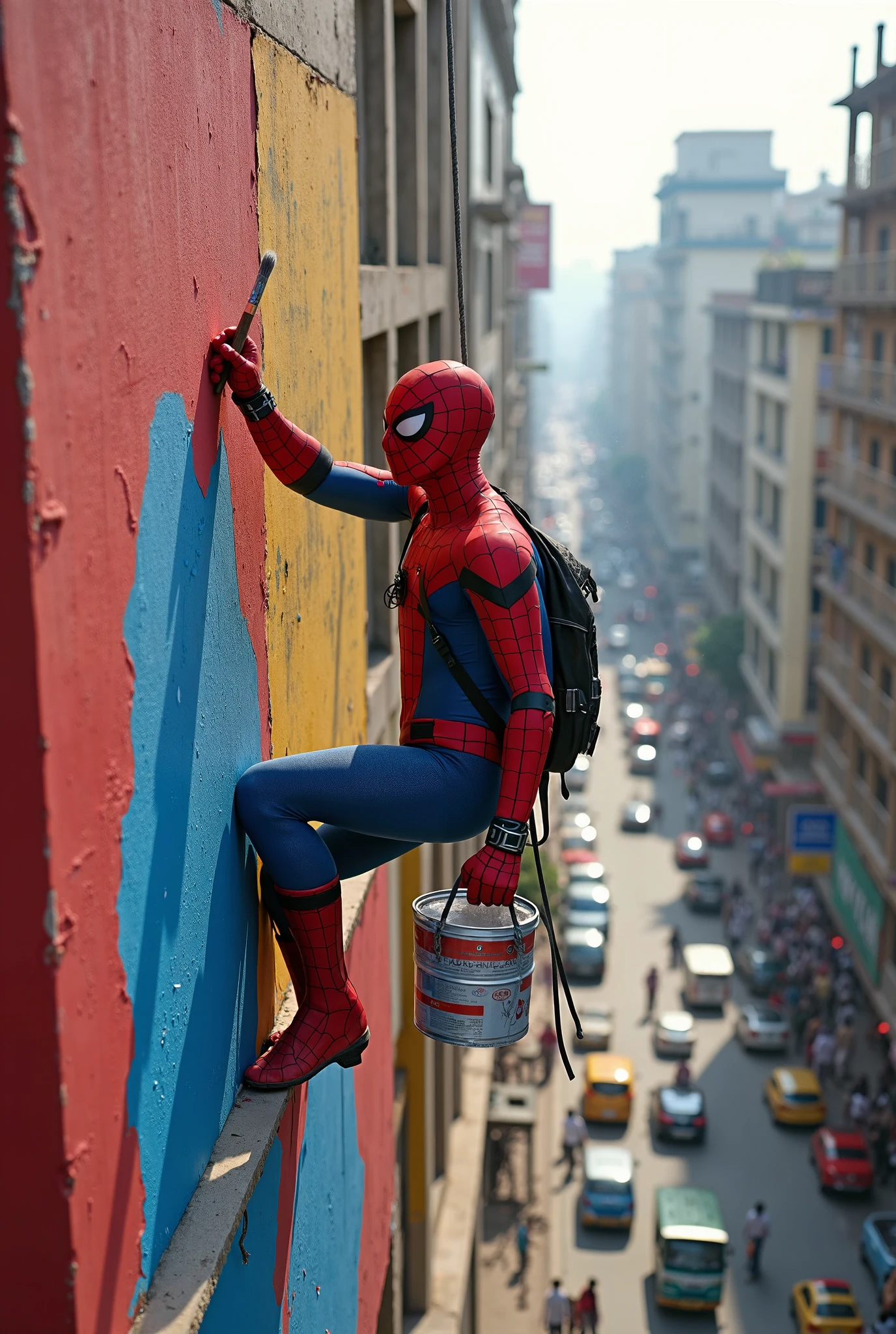 A man dressed in a red and blue suit, Similar to that of "spider-man", is on top of a roof changing a TV antenna. It is in a balanced position, holding the antenna with one hand while adjusting the base with the other. The sky is clear with some white clouds in the background, and the scene conveys a sense of height and dizziness. The roof is made of ceramic tiles, typical of residential houses. The antenna has a classic style, with several long stems, and the man seems focused on the work.