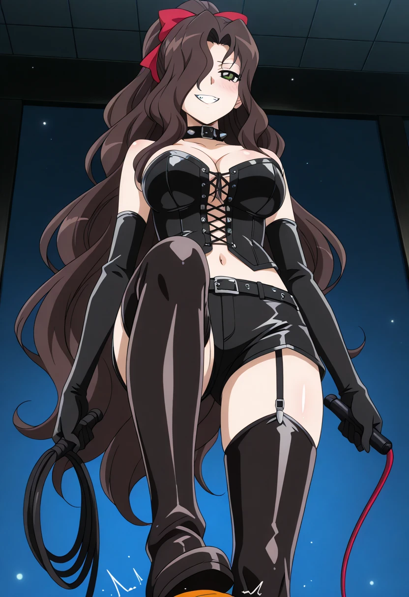 女性1 person、(((Black shiny bondage suit)))、(from below:1.3)、 brown hair, brown eyes, long and high ponytail, hair band, 1 person、25 years old, japanese mature, beautiful fingers, beautiful long legs, beautiful body, beautiful nose, beautiful character design, perfect eyes, perfect face, jewelry, See-through, looking at the viewer, hair ornaments, choker, shy, (grin and laugh:1.6)、The King of Fighters,(((Has a black super long whip:1.5)))、
(table top, highest qualityの, highest quality, beautiful and aesthetic: 1.2), very detailed, more detailed,Proper body proportions,table top,Super high quality output image,High resolution,intricate details,very delicate and beautiful hair,realistic pictures,dream-like,professional lighting,realistic shadow,focus only,
(big breasts:1.2,) , floating skirt,
Knee high long boots with pin heel、anime one、from below、(Prison background:1.8)