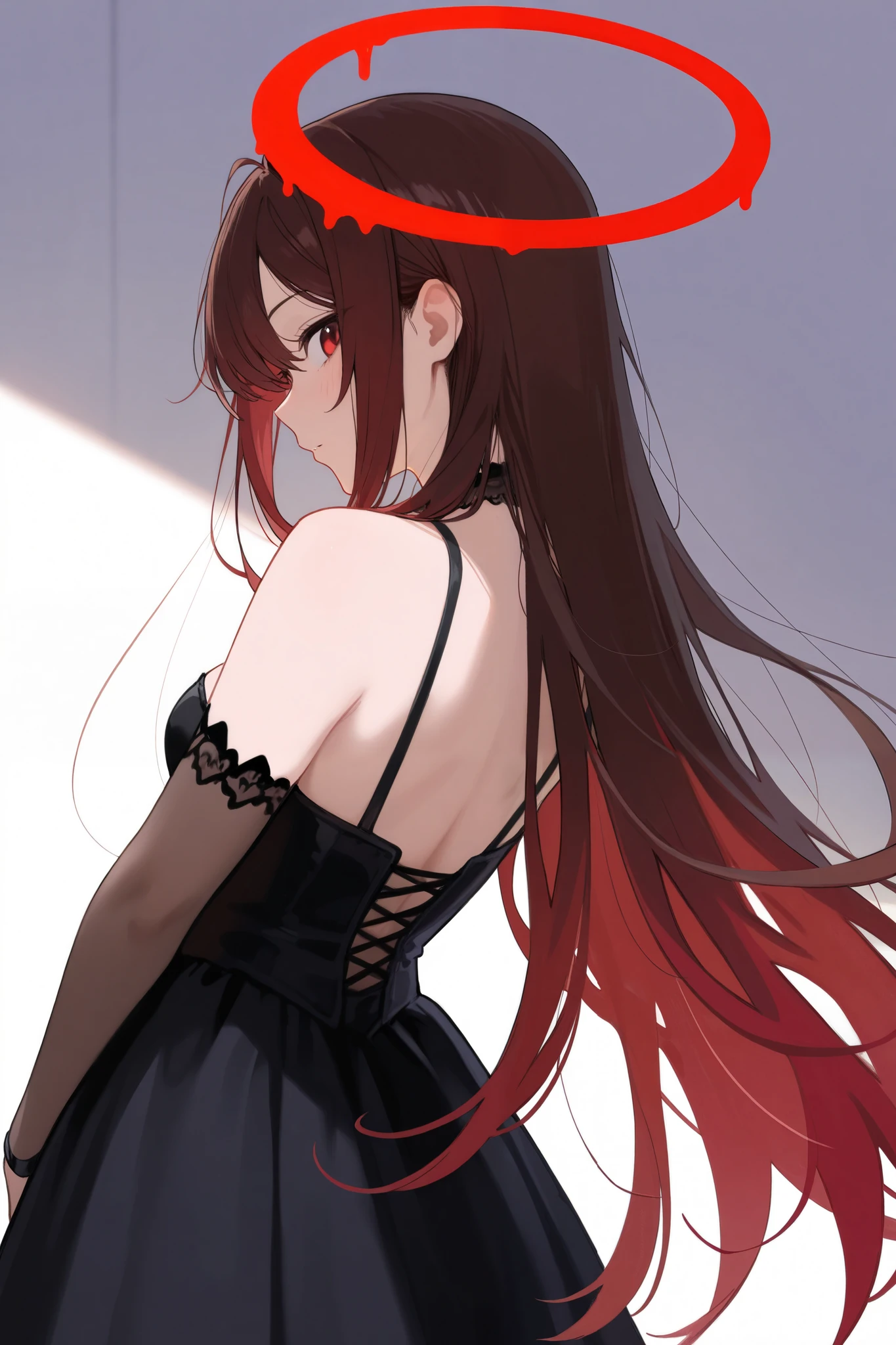 alto body, alto, piernas largas, maduro female, maduro, solo, al aire libre, parte superior del cuerpo, day, mirando al espectador, pelo negro con mechones rojos, boca cerrada, golpes, frown, pelo largo, cielo, nube, jujutsu kaisen chica, long black hair just below the shoulder with red highlights, ojos arcoiris, uniforme de jujutsu kaisen falda