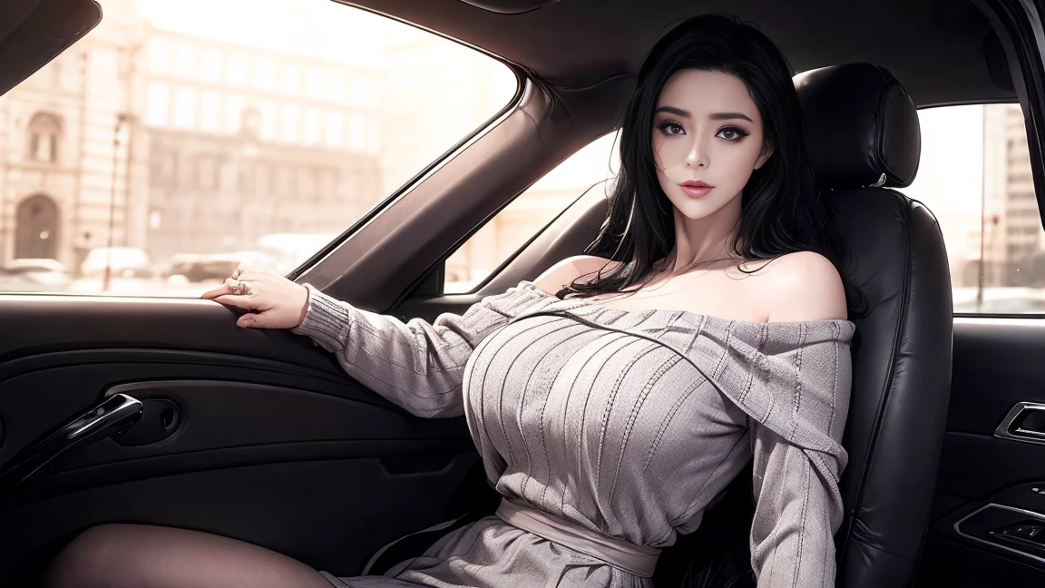 araffe in a black dress sitting in a car with a brown seat, sexy girl, sitting in her car, seductive lady, attractive girl, instagram model, tight attire, gorgeous lady, anna nikonova aka newmilky, sexy look, sexy style, gorgeous female, gorgeous woman, looking hot, stunning woman, sexy :8, jaw-dropping beauty