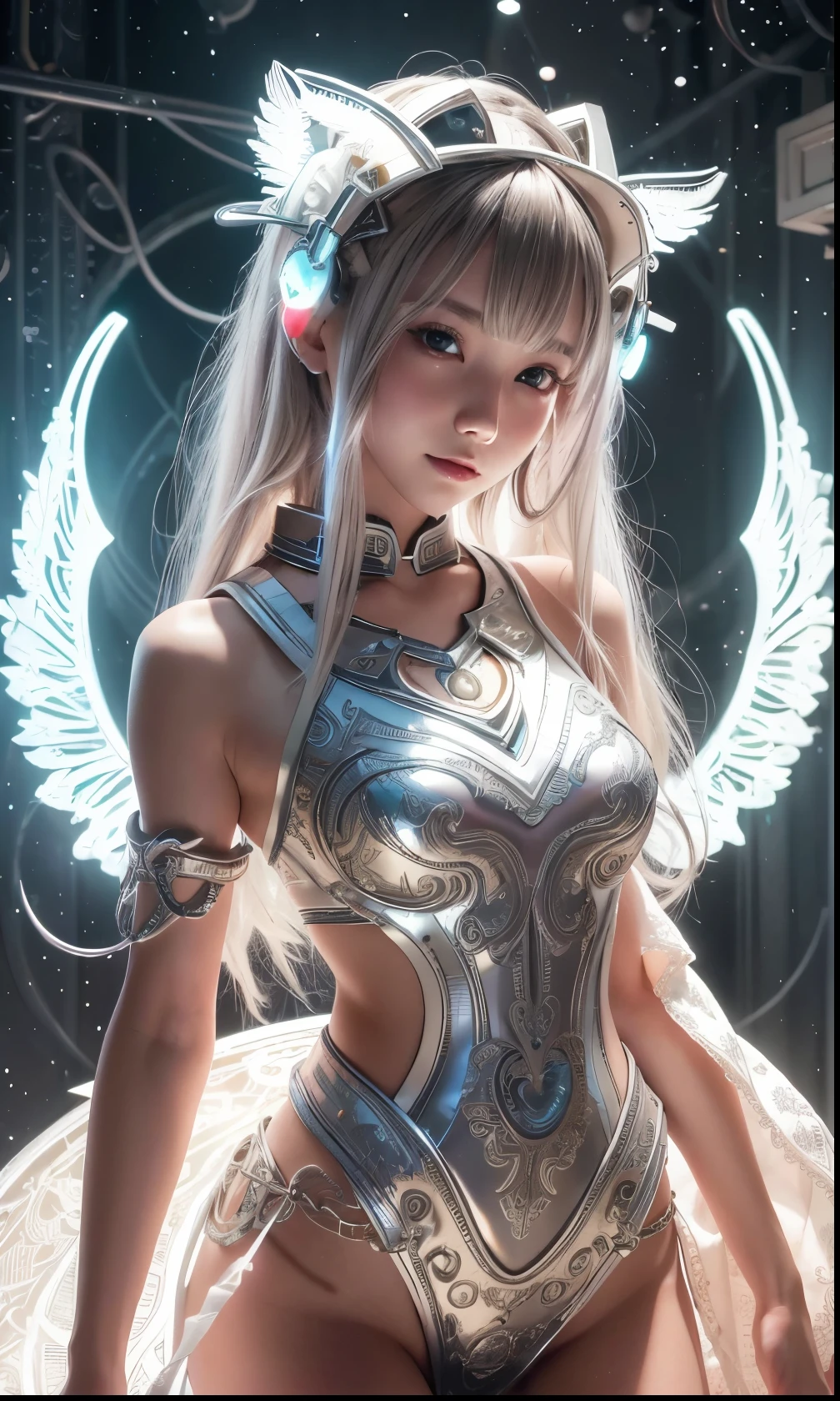 Cyborg, Girl, Beautiful girl, Cute, Sexy, Strong, Slender, Delicate, Smile, (Lolita costume), High legs, Metallic, ultra color, paisley, Headgear, mandalas, Near future, Heaven, angel, feater, wing, Helix lamp