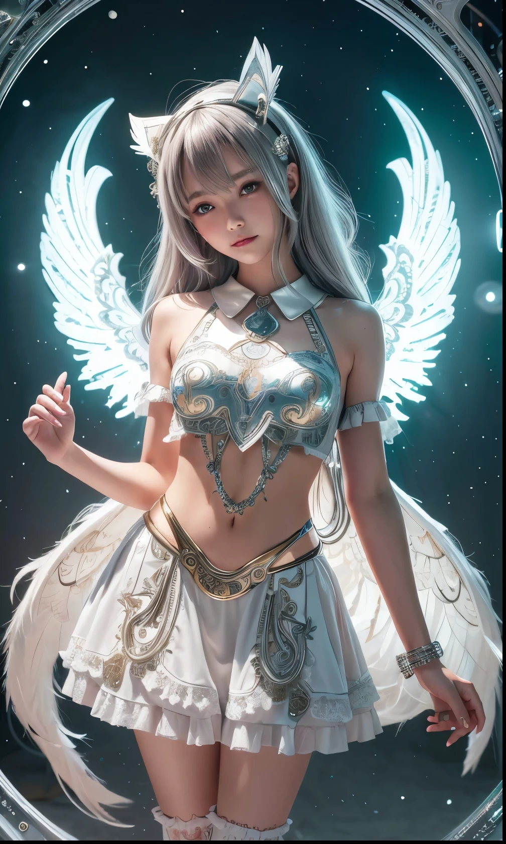 Cyborg, Girl, Beautiful girl, Cute, Sexy, Strong, Slender, Delicate, Smile, (ta costume), High legs, Metallic, ultra color, paisley, Headgear, mandalas, Near future, Heaven, angel, feater, wing, Helix lamp