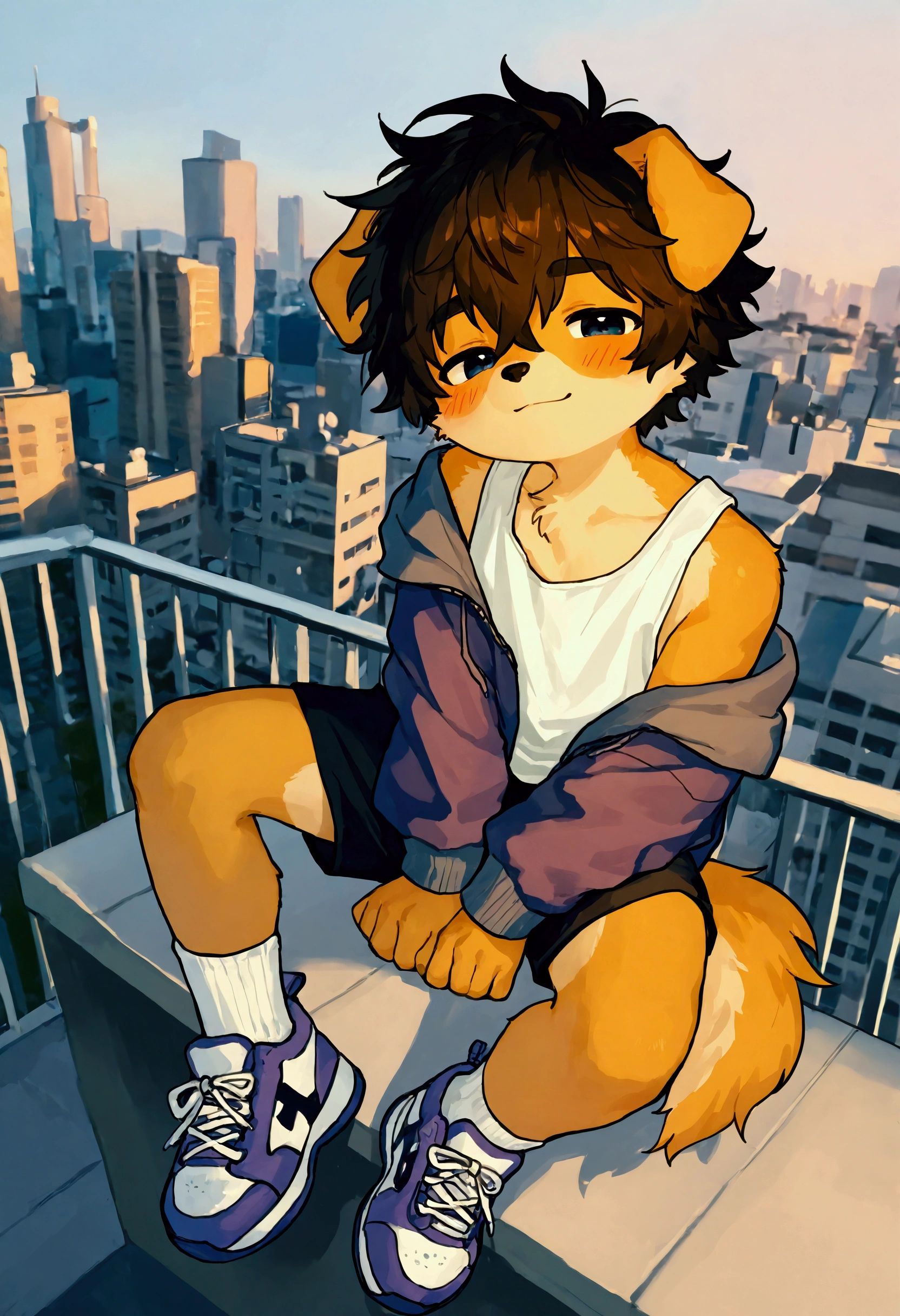 source_ furry, furry male,elementary school students,((boy )),Dog boy ,short hair,masterpiece, newest,absurdres, incredibly absurdres,short hair, messy hair, blush, light smile, head tilt,White Socks, sneakers, upper body, tank top, sitting on the ledge, rooftop,jacket, short shirts, half-closed eyes, from above, full body,depth of field, foreshortening, cityscape, sunshine,ray tracing, legs hanging off the edge of the rooftop, depth of field, ,to milkytiger1145 , author: k0bit0wani ,( cute),boy )