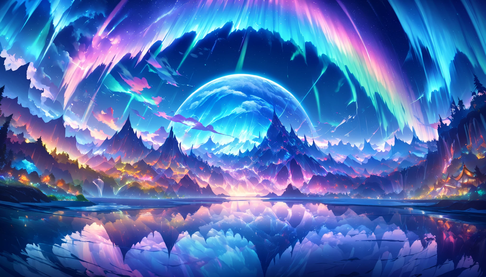 paradise, colorful,A dreamy fantasy landscape,Extremely Coloured Scenery, cloud, light piercing through the cloud,Spectacular and majestic views, shot with a fisheye lens , Large planets and auroras are visible in the sky,Multiple beautiful waterfalls,Water surface reflection, Serene waterfall,flower々, quiet atmosphere, Richness in details, Surreal Beauty , magical aura, Fantasy Scenery , high quality digital art , vibrant colors, amazing lighting , A fascinating scene , Artistic Expression, A sense of another world, Beautiful brushwork, Spectacular views, Peaceful serenity , x} Immersive Experience , Breathtaking Scenery , Picturesque Scenery , Mysterious charm, Mysterious Atmosphere , nuance, Magical Dreams.No people appear,