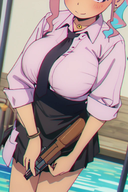 1girl, haruka_senran, solo, looking at viewer, blush, smile, short hair, light brown hair, pink hair bow, hair ribbon, large breasts, green eyes, white gloves, fingerless gloves hi res, HD, anime, sharp, extremely coloured, masterpiece, best quality, highly detailed, a anime girls in china dress with navel cutout holding a gun
posing for a picture, navel cutout, crop top, china dress, ecchi anime style, evil smile, open mouth,
smile, anime girls, ecchi style, ecchi, digital anime art!!, in anime style, official artwork, (nsfw) not safe
for work, beautiful anime girl, anime style 4 k, pelvic curtain, exposed belly, exposed navel, exposed
midriff, exposed lower belly, holding a gun, chinatown, outdoor,street,road