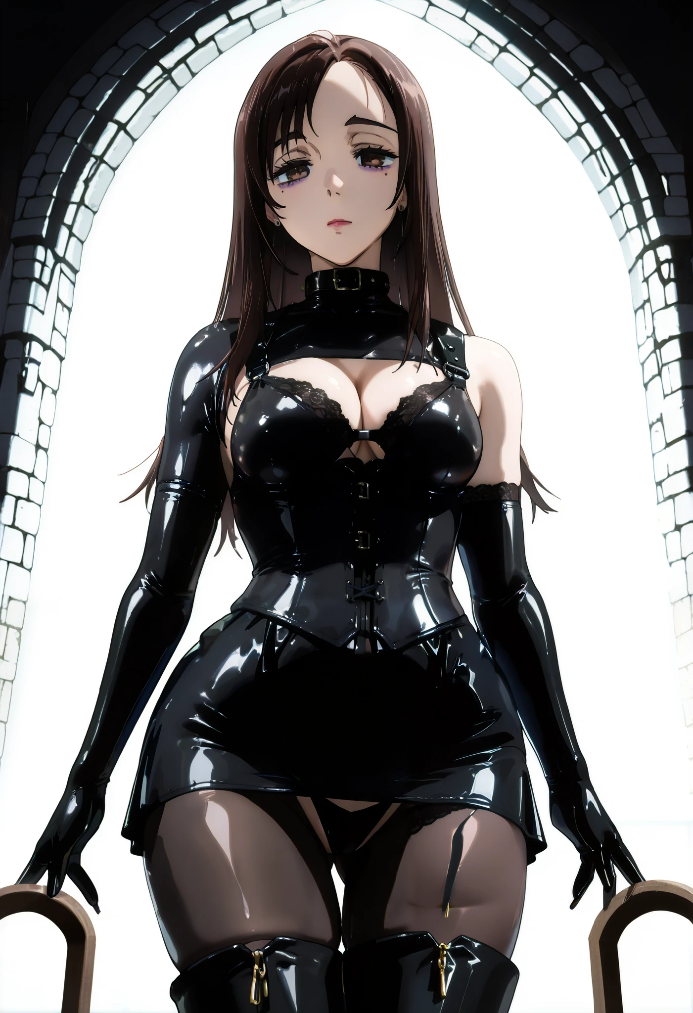 ((( wide thigh opening with one legでしゃがむ)))、((( squats with her legs open in M shape)))、BDSM、Queen、mistress、(((One girl)))、(((solo:1.8)))、(((Black latex elbow gloves:1.4)))、((( black latex corset dress :1.4)))、((( The corset dress is adorned with beautiful lace)))、((( Corset Dress with Shoulder Straps )))、((( Black Latex Tight Mini Skirt :1.4)))、((( Black Thigh-High Boots :1.4)))、(((Black rubber tights:1.2)))、((( stiletto heel boots that kick a man:1.4)))、((( stiletto boots)))、((( black latex high leg panties with corset dress )))、(((Black latex bra)))、(((Black leather collar)))、((( sexy pose :1.4 )))、 wide thigh opening with one leg:1.2、((( erotic)))、((( cowboy shot)))、クローズ up the side、 place your hands on your hips、 beautiful eyes with highlights、 fine, beautiful skin、Two perfect anatomical arms、 Anatomically Perfect 2 Legs 、(Four perfect fingers and one thumb)、 score_9, score_8_ up the side, score_7_ up the side, source_Anime, in the seat、 detailed face、 detailed eyes 、 in the seat、 ((( indoor、 Medieval Castle:1.4、 Stone Room 、 dim lighting)))、 masterpiece、Masterpiece High Definition 、High resolution 8k、 Hair、 long hair、 brown eyes、 Moles Under Right Eye 、 looking at the audience、 troubled face 、Crooked eyebrows、Half open sleepy eyes 、lipstick、 expressionless