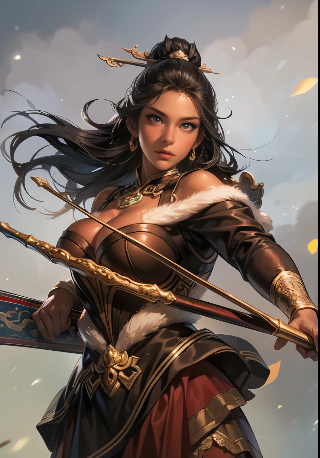 Han Dynasty Scenery 、 Three Kingdoms、 FULL BODY、( top quality,4K,8k, high resolution,masterpiece:1.2)、VERY DETAILED, high resolution,Hyper HD、 studio lighting 、 Ultra Fine Picture 、 sharp focus、 physically-based rendering 、 VERY DETAILED explanation、 Professional、 Vivid colors、 Traditional Chinese Painting Techniques 、 atmospheric lighting、 Vivid colors 대비、VERY DETAILED eyes and face、 Attention to Beautiful Details、 Light on the face、young woman in leather armor 、 is in perfect shape 、 ((( 1 woman)))、( Beautiful Women)、 Anatomically accurate 、 dynamic posture 、calm hair、 (( medium sized breasts ))、、(dark skin:1.3)、attractive dark skin、A woman pulling a bow、