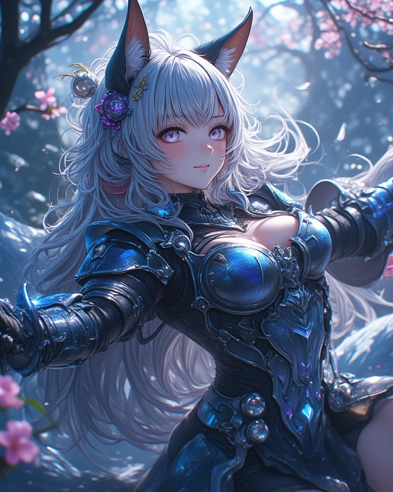 Life like sexy anime cyborg cat girl with long white hair and blue eyes, full body portrait, white and black battle dress, battle armor, life like characteristics,ultra realism,  Soft smile, riding a mystical black dragon,apocalyptic background, naughty pose, hyper realistic, 3 d anime realistic, advanced digital anime art,extremely detailed art germ, 8k high quality detailed art, solo,full body portrait, amazing beauty,, dynamic pose, delicate face, vibrant eyes, (from the front), silver hair, streaked hair, very long hair, expressive hair, multicolored eyes, aqua eyes, purple eyes, fox ears,heart earrings, earrings, light smile, shy, blush, parted lips, licking lips, heavy breathing, naughty face, naughty, sparkle, god rays, super detail, high quality, anatomically correct, textured skin, best quality,full body portrait,silver wolf,seen from below,guweiz on artstation pixiv, forest back ground, resolution 4098x2160, 8k --auto --s2