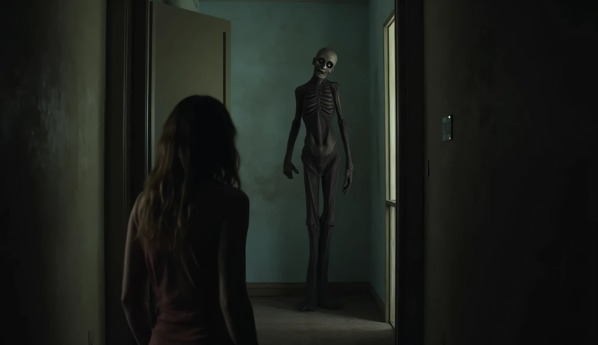 (photorealism, aspect ratio 16:9), A frightened woman looks out of her house window at a spectral figure, ghostly and skeletal walking on a village street, Very gloomy black and white image