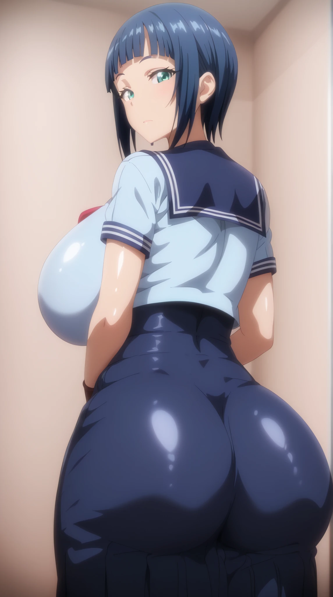 (UnderButt:1.4), (Several old men around her are grabbing her butt: 1.4), (molestation:1.8), Anime cel drawing style, Best Quality, High resolution, White sailor suit, Short sleeves, red neckerchief, Blue skirt, bra, Highleg Panties Thong,blue eyess, Purple hair, Bangs, Side Ponytail, Hair Ornament, embarrassed, fear, blush, looking at viewer, crowded train, Exposed gigantic breasts:1.8,