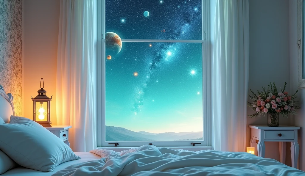 room, room, bed with curtains, window, window with a view of the stars,bed