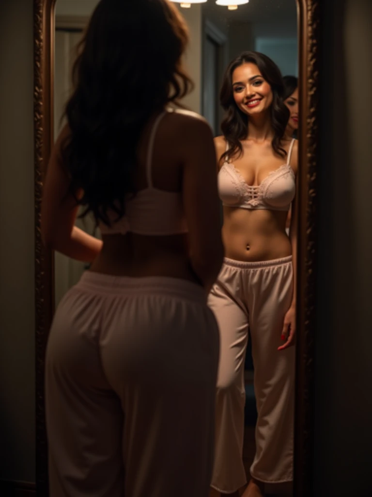 editorial photo of an Indian woman, shot on CineStill 800T, ((wearing a bathrobe and bikini:1.4)), in a changing room, 32k, cinematic composition, professional color grading, film grain, atmosphere, wondrous, visible navel, ((anatomically correct:1.4)), hyperrealistic, (looking at camera), skirt pulled down, busty, curvy, smiling, ((reflection on a mirror:1.4)), looking at a mirror, ((full body shot))
