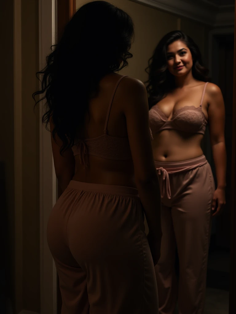 editorial photo of a 20 yo Indian woman, shot on canon Eos 5d, ((wearing sheer negligee and underwear:1.5)), ((outdoor, supermarket:1.2)), 32k, cinematic composition, professional color grading, film grain, atmosphere, wondrous, visible navel, ((anatomically correct:1.4)), hyperrealistic, (looking at camera), ((busty, curvy:1.2)), smiling, ((reflection on a mirror:1.5)), looking at a mirror, ((full body shot)), upclose,(dark skin:1.2)