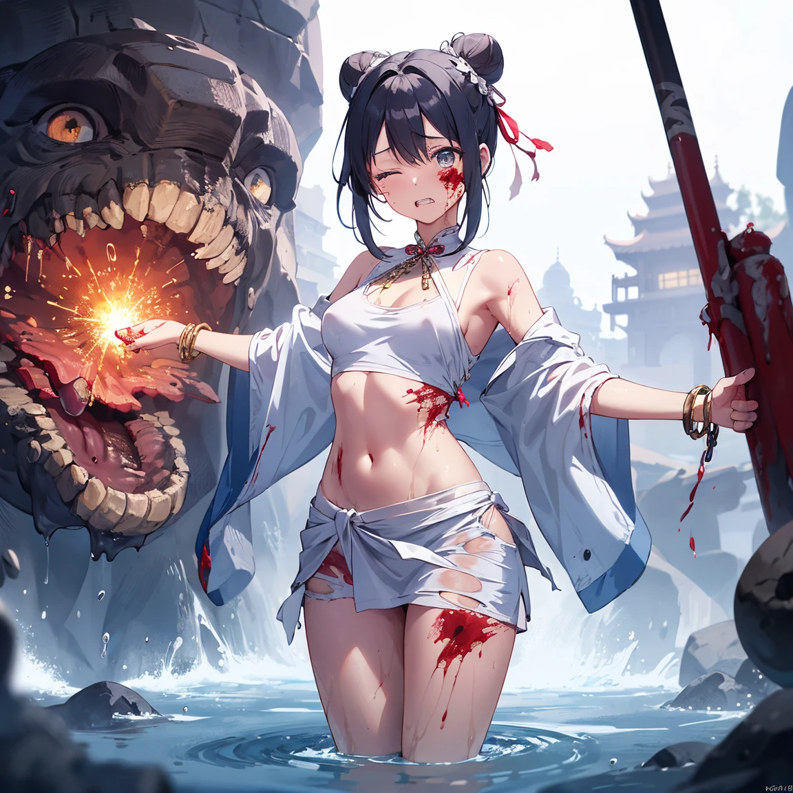 top-quality、Top image quality、in 8K,4K,masterpiece、(NSFW:1.1)、ultra-detailliert、Beautiful、ultra-quality、adult-like、Cool、((Undersized breasts:1.4、Narrow cleavage, under the boobs, (Bloods:1.4), wounds, (Bloody:1.1), Blood everywhere, (Blood on clothes:1.1), blood pool, (Covered with blood:1.3))、girl with(((18year old、wrap a bloody white cloth around your chest:1.2、Wrap a bloodstained white loincloth around your waist:1.3、poneyTail:1.2、dark brown hair:1.3、wears disheveled armor:1.3、wear a torn hakama:1.2、Putting out fangs:1.5、Holding a Japan sword in his right hand:1.3、He holds a Japanese sword sheath in his left hand.........:1.3、Hold the Japanese sword vertically with your right hand........、swinging a Japanese sword down from above、Cut the Rakumusha Zombie vertically:1.5、Red Eyes、erotick:1.4、Happiness、The tattoo)))、hiquality、visualart、Background with((Burning Temple:1.3、a temple background:1.3、A horde of Rakumusha zombies attack:1.3))、masutepiece