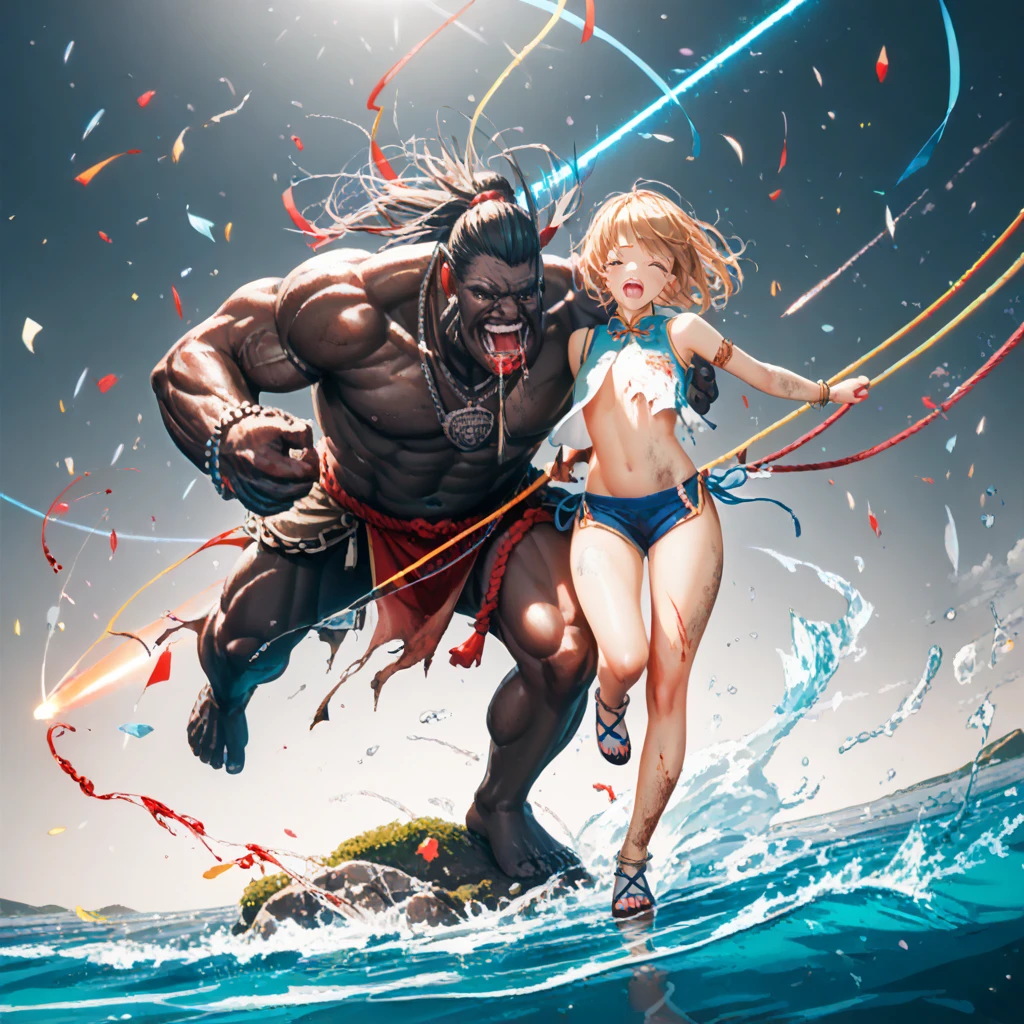 masterpiece, best quality,anime style, 1 girl,(((slender body))), (((small breast))),(((hot pants, blue tanktop,red tie))),(((((a gorilla man grabbing the girl))))), ((((restrained, arms behind back)))),((((cum)))), (beautiful face), (((short hair))), (((straight hair))), ((((silver hair)))),detailed beautiful skin, (perfect hands, perfect anatomy)
