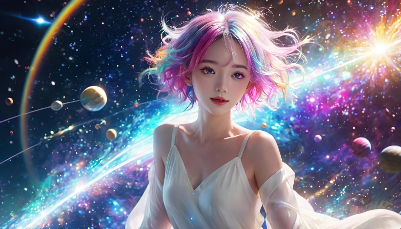 Floating in pink space、((whole body))、Reaching out, Highest quality, High-definition CG synthesis 8k wallpaper, Cinema Lighting, Lens flare, A beautiful eye for detail, White clothes, Multicolored Hair, Rich and colorful light, particle, 、、Laugh fearlessly、Rainbow Hair、Big Bang Girl,((The edge of the universe can be seen on the lining))、Dark matter、energy、Retro and psychedelic、Creating miracles with a single photon、From Blink to Quasar、that'It's too bright to keep looking、Super Burst will attract you