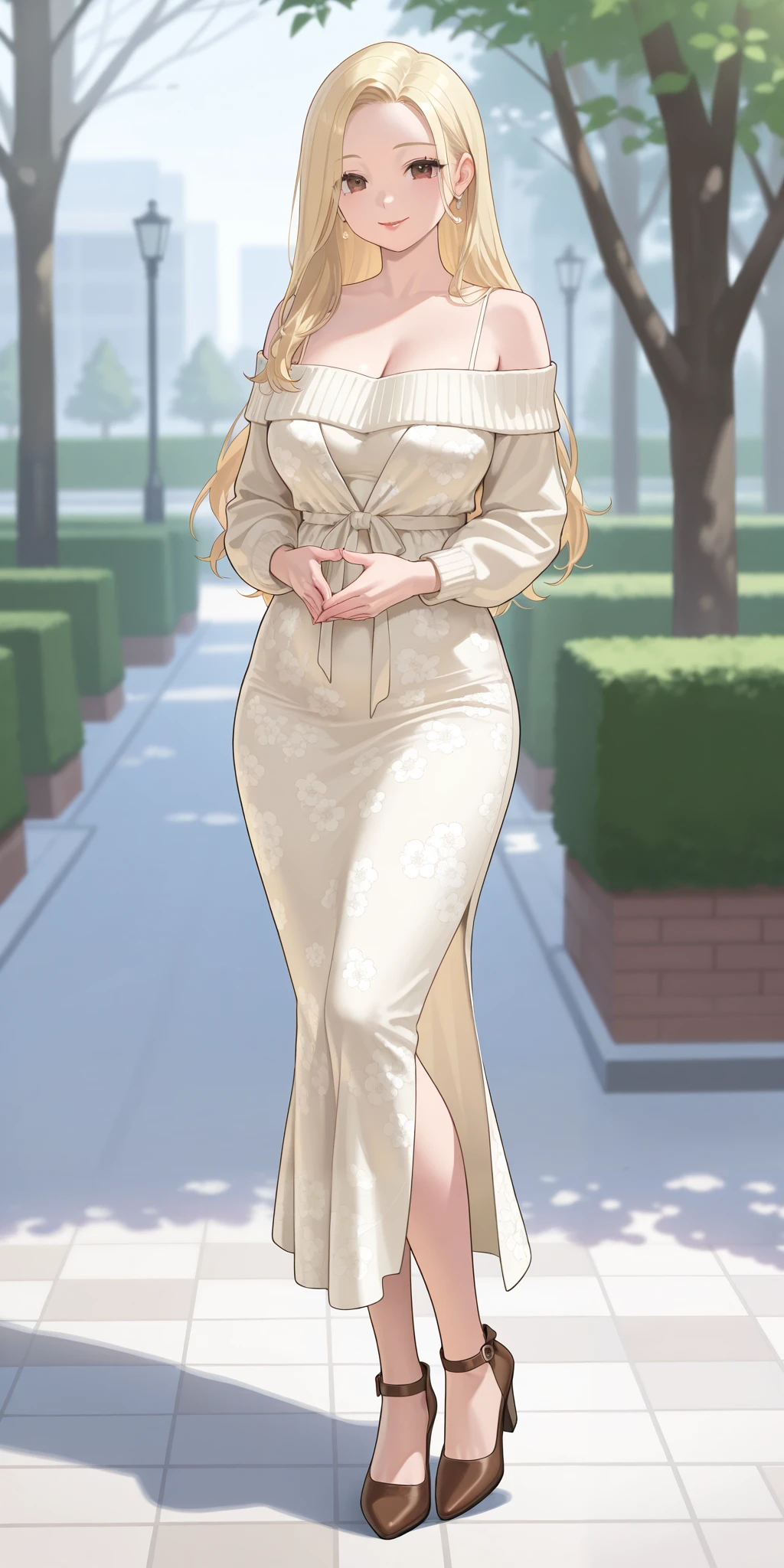 An extremely beautiful woman with blonde hair. She has extremely fair white natural skin, red plump lips, brown eyes, and a slim yet curvy body. She's wearing a long white floral dress with spaghetti straps, a pink front-open sweater worn in an off-shoulder style, and brown heels. She's standing straight, smiling, hands joined together, park background, show full body.