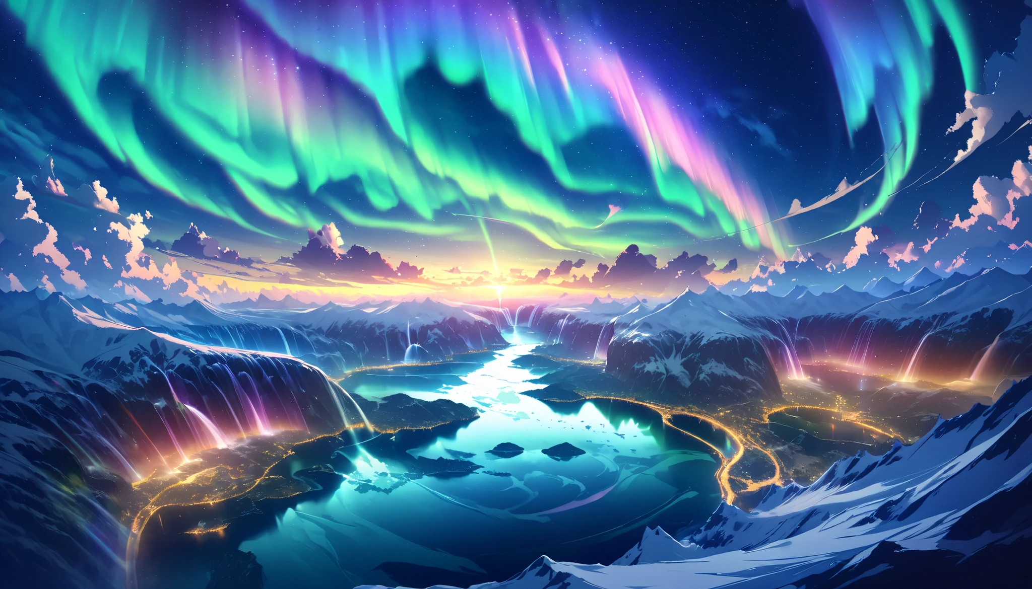 paradise, colorful,A dreamy fantasy landscape,Extremely Coloured Scenery, cloud, light piercing through the cloud,Spectacular and majestic views, shot with a fisheye lens , Large planets and auroras are visible in the sky,Multiple beautiful waterfalls,Water surface reflection, Serene waterfall,flower々, quiet atmosphere, Richness in details,  Surreal Beauty ,  magical aura,  Fantasy Scenery ,  high quality digital art ,  vibrant colors,  amazing lighting , A fascinating scene , Artistic Expression, A sense of another world, Beautiful brushwork, Spectacular views, Peaceful serenity , x} Immersive Experience  ,  Breathtaking Scenery  ,  Picturesque Scenery , Mysterious charm,  Mysterious Atmosphere ,  nuance, Magical Dreams.No people appear,
