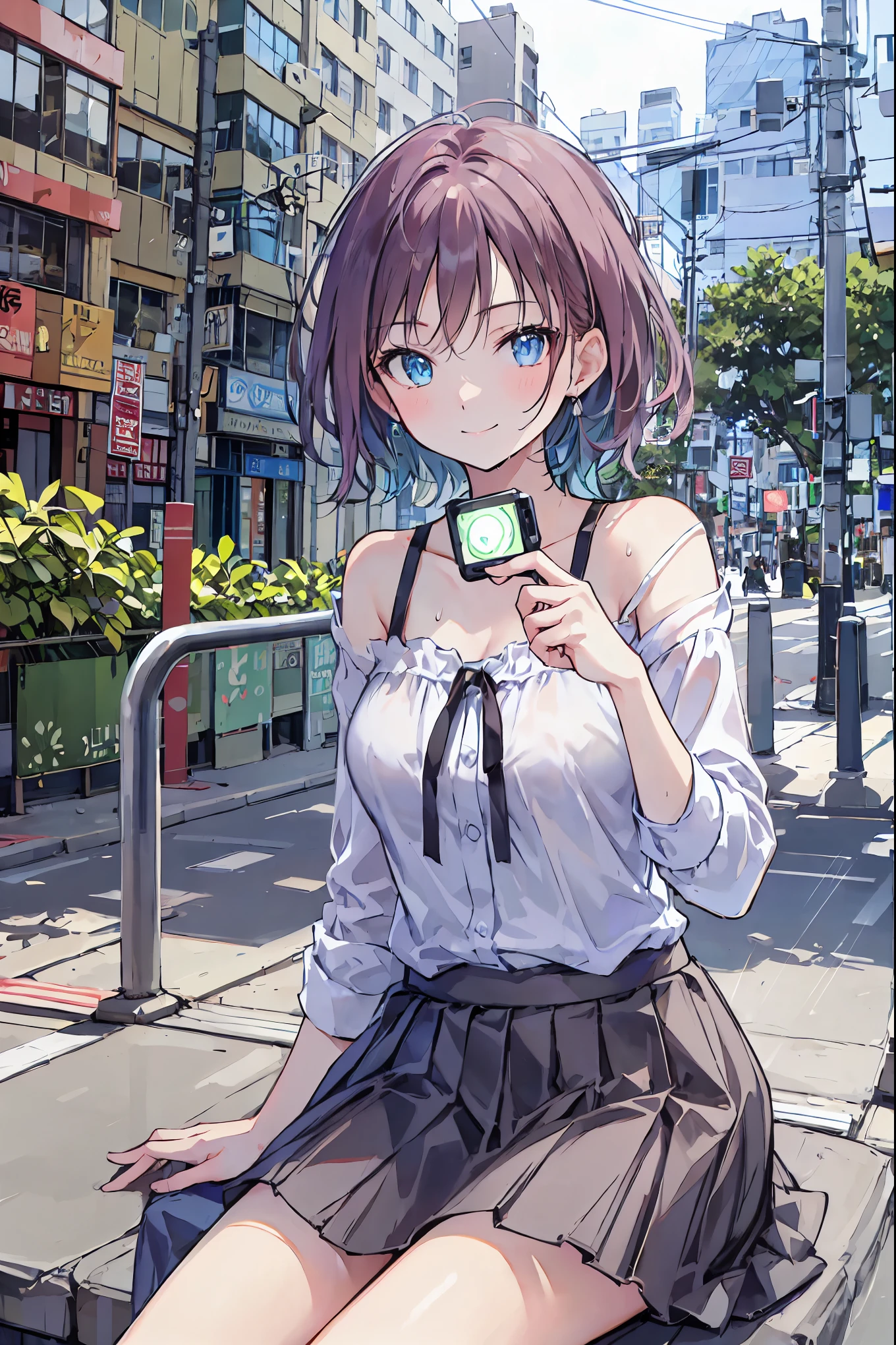4K, (work of art), highest quallity, 2d, ((rebeld girl)), (teenage anime girl), holding a cellphone, selfie, short hair with long bangs, heterochromatic eyes, ssmile, full height, clean eyes, black eyelash, (intrincado detalhado), dramatic, makoto shinkai, purple eyes