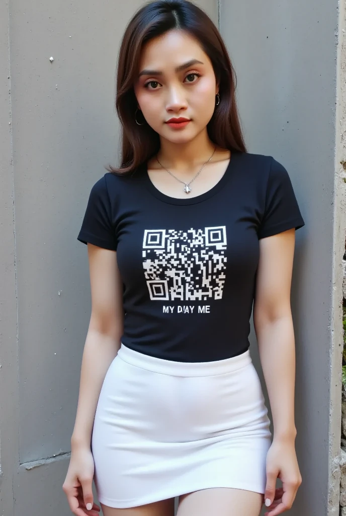 A portrait of a stylish and confident 36-year-old Indonesian woman with a beautiful face and a soft smile. Her face is oval-shaped with lovely red lips, expressive eyes, and a small, well-proportioned nose. She has a mature yet youthful appearance, with smooth skin and a naturally elegant aura. Her hair is dark brownish-black, cut to shoulder length with slightly wavy ends, styled in a chic and modern way with elegant side bangs. She wears small hoop earrings and a silver necklace with a delicate pendant.
Her body is **slim, toned, and **, maintaining a fit and fashionable look. She is wearing a **tight-fitting black T-shirt** made of soft fabric, with short sleeves and a round neckline that reveals a bit of her shoulders and neck. On the front of her T-shirt, there is a **modern QRIS-style barcode** placed in the center of her , designed with a sleek black-and-white pixelated pattern similar to a QR code used for digital payments. Below the barcode, the text **"SCAN THIS 4 PAY ME"** is written in bold, futuristic font, making it look like a real digital payment prompt.
She pairs the T-shirt with a ** pleated short skirt in white**, made of a soft, flowing fabric that enhances her feminine and fashionable appearance. The skirt is high-waisted and flares slightly, accentuating her curves while showcasing her **smooth and beautiful thighs**.
The camera captures her from the knees up, focusing on her **confident posture and toned legs**. She poses with elegance, one hand gently resting on her hip while the other lightly touches the edge of her skirt, exuding a mix of playfulness and sophistication.
The background is a plain gray wall with a smooth concrete texture, creating a minimalist and modern aesthetic that keeps the focus on the woman. The lighting is natural and soft, casting subtle shadows that highlight the texture of her clothing and the contours of her body.