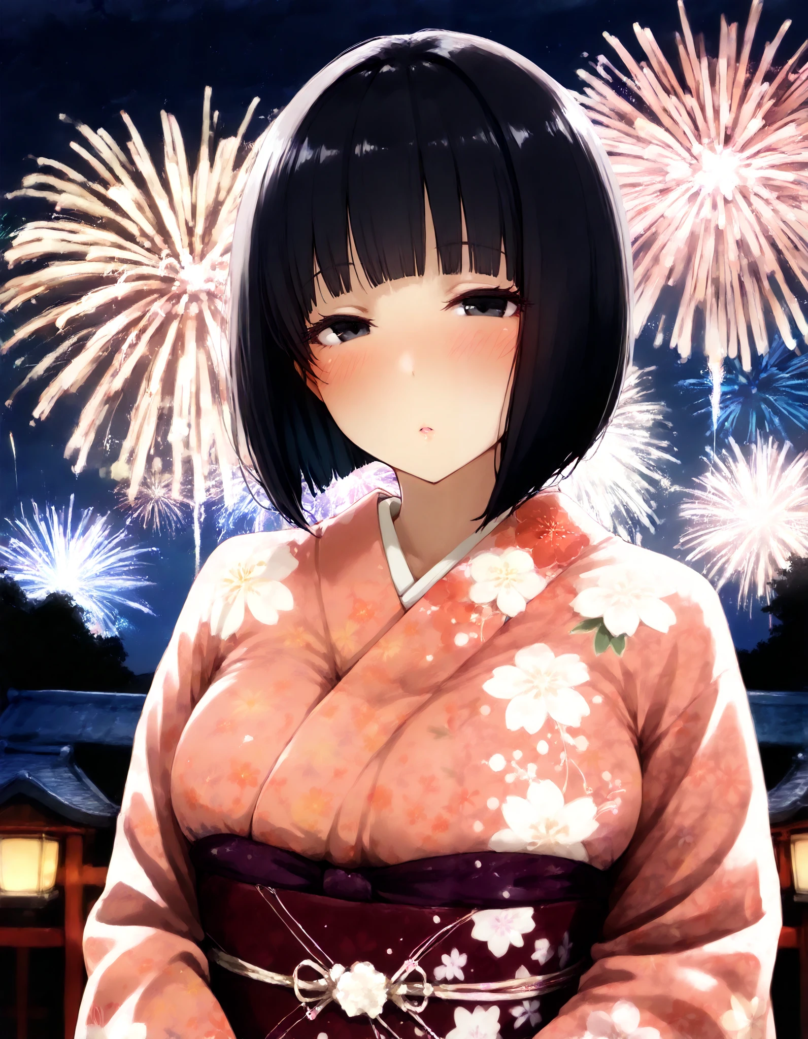 score_9, score_8_up, score_7_up, (nsfw, arakure), (1girl, solo), (upper body, looking at viewer), (black short hair, bob cut, blunt bangs), (black eyes, drunken eyes), (blush:1.2), (Japanese clothes, kimono, floral print, sash, long sleeves, obi), Japanese ancient capital, (night sky, aerial fireworks)
