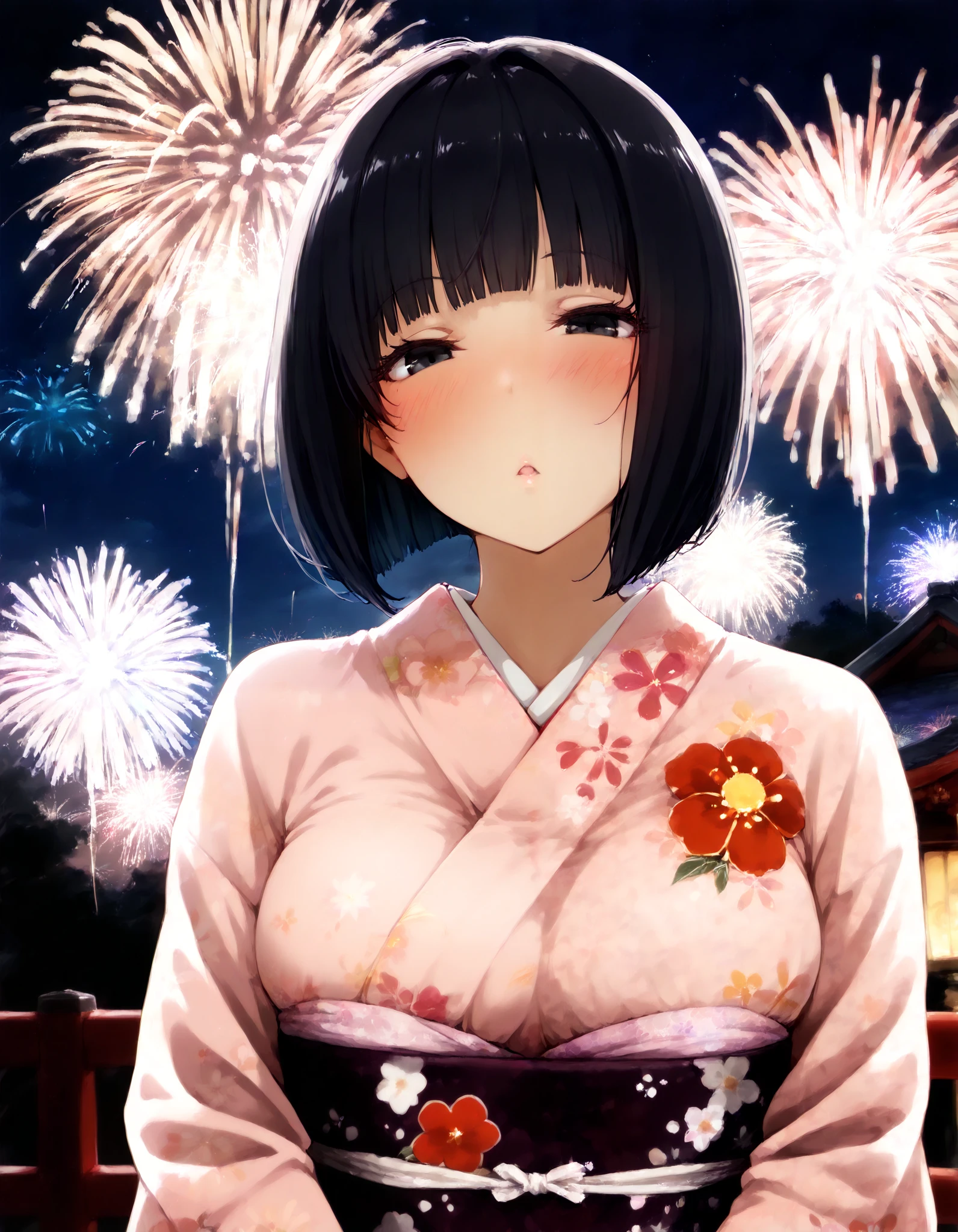 score_9, score_8_up, score_7_up, (nsfw, arakure), (1girl, solo), (upper body, looking at viewer), (black short hair, bob cut, blunt bangs), (black eyes, drunken eyes), (blush:1.2), (Japanese clothes, kimono, floral print, sash, long sleeves, obi), Japanese ancient capital, (night sky, aerial fireworks)