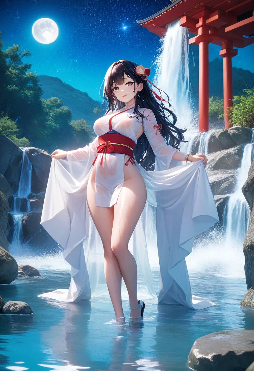 anime、Vibrant colors、Beauty、20-year-old、gallant、dignified、Calm、Black Hair、Long Hair、Straight Hair、The bangs are cut above the eyebrows、Narrow eyes、Slanted Eyes、Bright eyes、Sparkling eyes、Large Breasts、in the forest、shrine、10 large red torii gates、waterfall