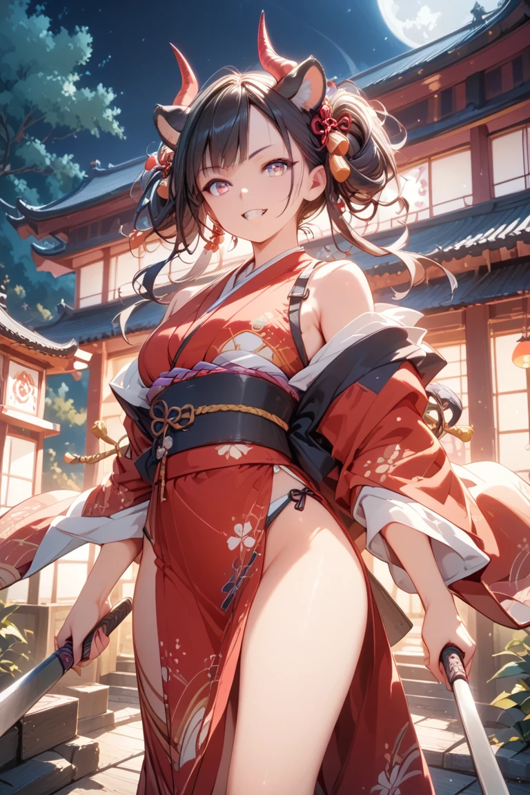 A dark elf with darker skin, wearing a traditional oiran costume, walking in a Japanese-inspired setting. She has long, pointed ears and an elegant, mysterious expression. Her elaborate kimono is adorned with intricate patterns and vibrant colors, showcasing her status. The background features a classic Japanese street with wooden buildings, Lanterns, and cherry blossoms in full bloom. The scene captures the essence of a traditional oiran parade, with the dark elf exuding grace and beauty amidst a serene and enchanting atmosphere.((Dark Elf))、whole body、