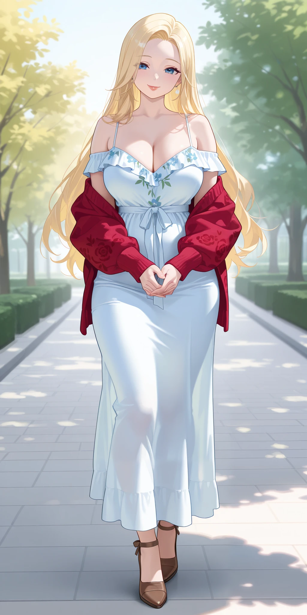 An extremely beautiful woman with blonde hair. She has extremely fair white natural skin, red plump lips, big blue eyes, and a slim yet curvy body. She's wearing a long white floral dress with spaghetti straps, a pink front-open sweater worn in an off-shoulder style, and brown heels. She's standing straight, smiling, hands joined together, park background, show full body.
