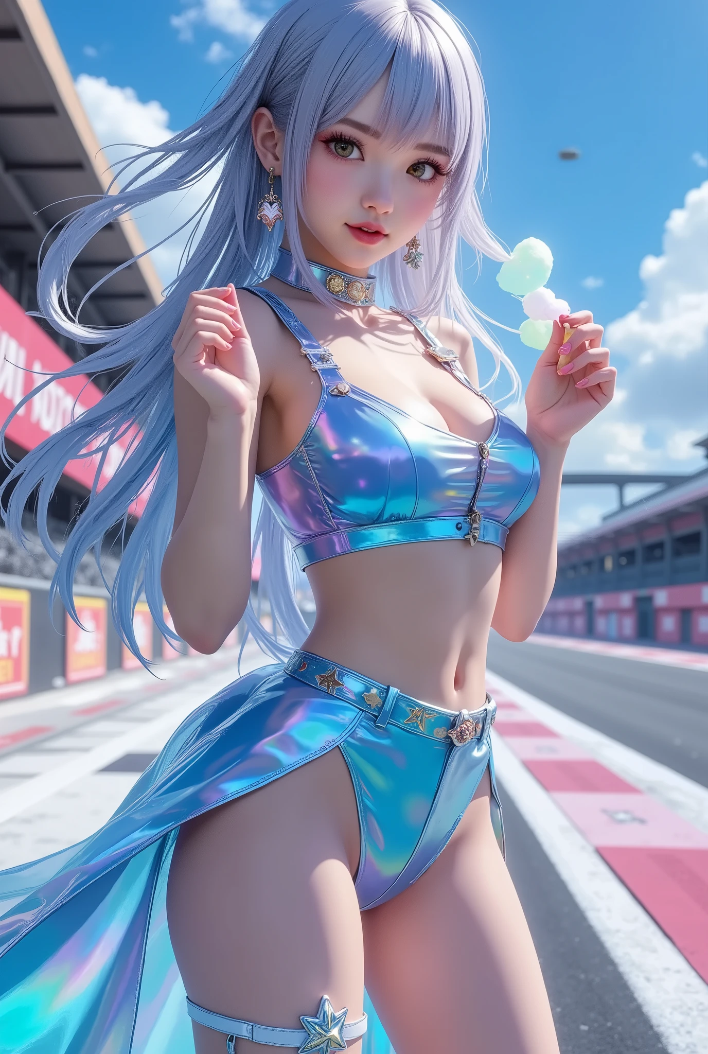 top quality, HD, 16k, Extremely Absurd , very detailed, 2.5D, Delicate and Dynamic, blue sky, Paper blowing snow, racing cars on racing, [flag, Small face, Extremely delicate facial expression, delicate eye description, very detailed髪, upper body closeup while eating sweets, erotic, ONLY SEXY JAPANESE WOMAN , Healthy body shape, 22-year-old woman, Race Queen , Big Firm Shaking Bust , Silvery long hair, sexy long legs, glowing skin, , 派手な Race Queen のコスチューム, Blue Tight Skirt, white long boots, F1, auto racing track
