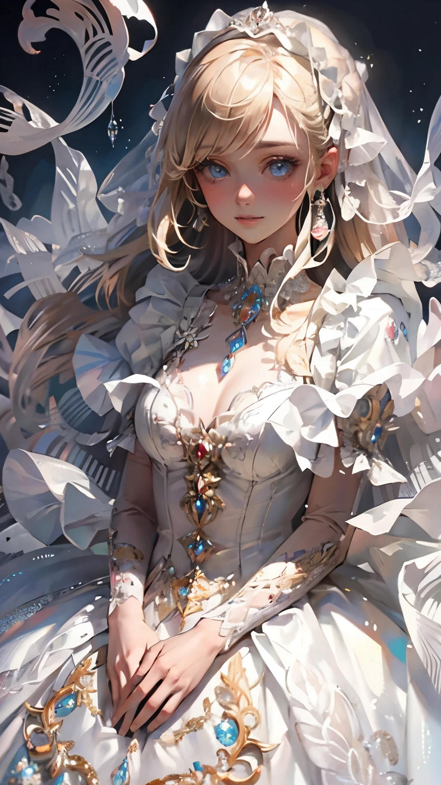 A woman in a white dress holds a music box, artwork in the style of Gwaiz, Gwaiz on pixiv artstation, Gwaiz on artstation pixiv, Gwaiz, Fantasy art style , Gwaiz masterpiece, Beautiful and Elegant Queen , beautiful character drawing , detailed digital anime art , blonde princess raising her cheeks, gray hair, Sky Blue Eyes , pink lips