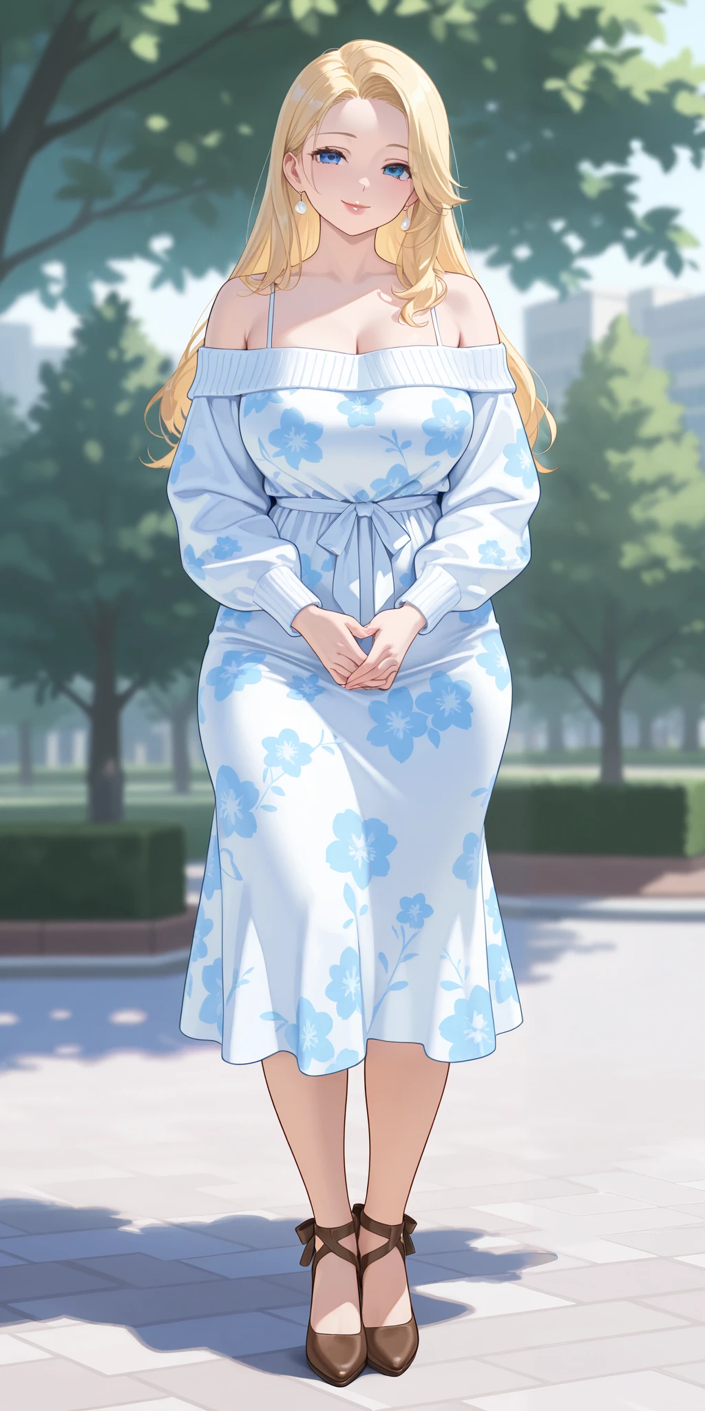 An extremely beautiful woman with blonde hair. She has extremely fair white natural skin, red plump lips, big blue eyes, and a slim yet curvy body. She's wearing a long white floral dress with spaghetti straps, a pink front-open sweater worn in an off-shoulder style, and brown heels. She's standing straight, smiling, hands joined together, park background, show full body.