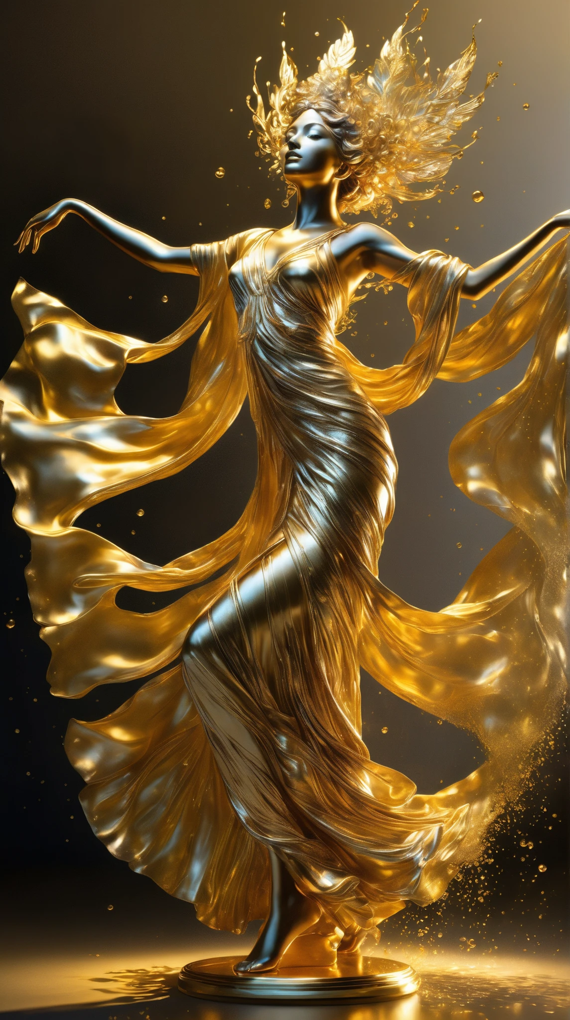 Full body of a young woman wearing a black and gold liquid splash dress, pretty face, detailed eyes, soft lips, floating in outer space and planets in the background, fluid, wet, dripping, waxy, smooth, realistic, octane render,(((perfect_hands, perfect_fingers)))