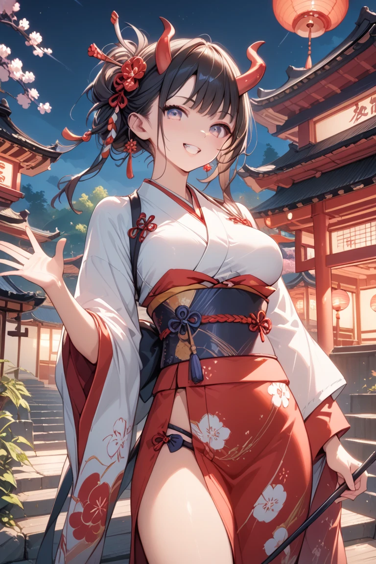 ((2D beautiful girl、top-quality、perfect finger 14、Perfect Anatomy 1.4、extremely delicate and beautiful illustration))、cute it girl、(transform sequence)、Blur the background、((red shrine maiden leotard、white decoration))、14y、a junior l Art、baby-face、((stright long hair))、bful dled eyes、Show your teeth and give your best smile、Full Body Display、(1 persons)、blue open sky、majestic shrine、pretty headband、Fox ears、is standing、