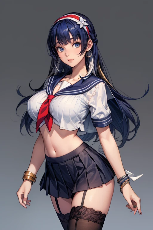 score_9、score_8_up、score_7_up、score_6_up、score_5_up、score_4_up、source_アニメ、Asura \(Asurauser\)、(cutesexyrobutts:0.55)、(wholesome_toshihide:0.8)、(Mature Woman:1.2)、They will not rise、One girl、Black Hair、White ribbon、Hair above one eye、invdragon、invdragonsailor、One girl、gloves、skirt、hat、白いgloves、Half Gloves、白いKnee socks、Knee socks、belly button、青いskirt、panties、High leg、Sideailor Collar、白いhat、High leg panties、underwear、panties ストラップ、Crop Top、Shoulder Bare、プリーツ skirt、Shut your mouth、Thighs、blush、abdomen、Skin dents、Thighsの隙間、白いSailor Collar、shirt、ミニskirt、Watching the audience、Gray background、No sleeve、Sailor Hat、ミニskirt、Cowboy Shot、白いshirt、neckerchief、String、Simple Background、Are standing、クロップドshirt、No sleeveshirt、Dark blue hair、blue eyes、Large Breasts、Long Hair、bangs、Straight Hair、分けたbangs 、squat、Raise your arms、Close-up、