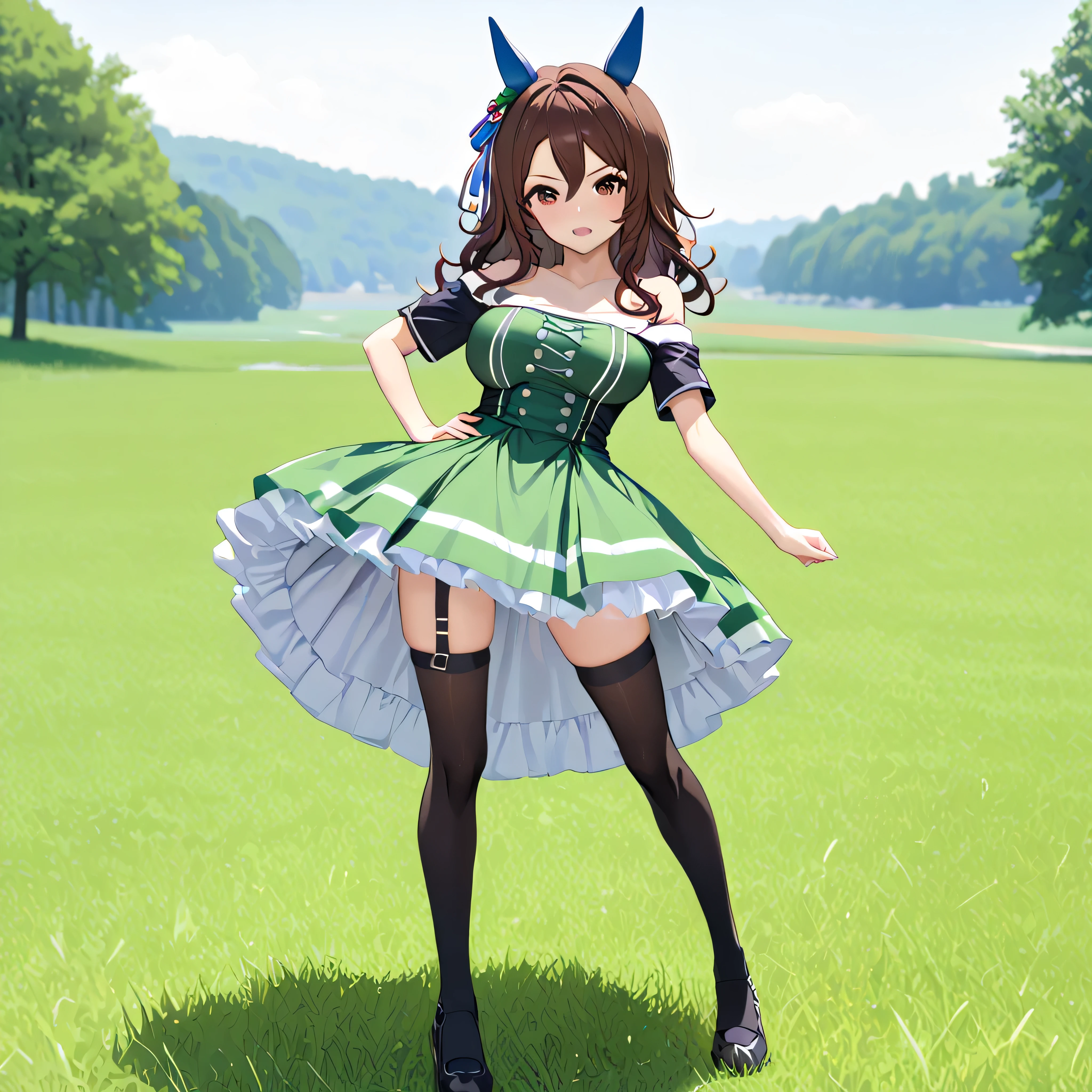 masterpiece, landscape, grass field, BREAK, (1 skinny girl standing with open legs:1.2), (umamusume\:1.3), (king halo \:1.2), BREAK, shoubufuku\, (too short skirt:1.1), thigh gap, (off-shoulder green dress cinches narrow waist too tight), BREAK, brown hair, (both hands on her hip), (open legs), BREAK, (bursting large breasts), too narrow waist, skinny waist, small stomach, skinny hip, (skinny long legs), black thighhighs, thigh straps