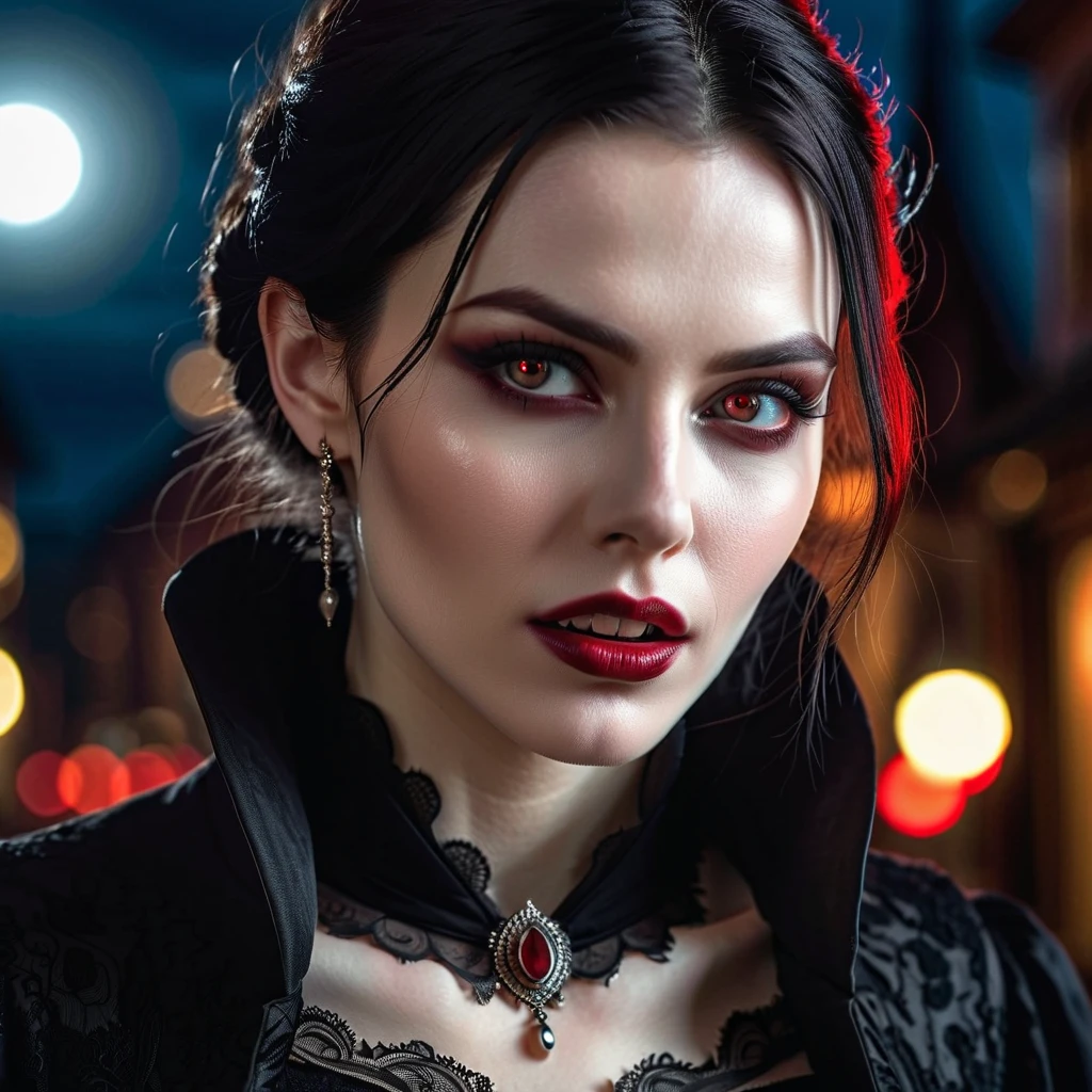 Realistic vampire, gothic, pale skin, sharp fangs, intense gaze, blood-red eyes, dark clothing, subtle details, intricate textures, lifelike, moonlit night, eerie atmosphere, photorealistic, hyper-detailed, cinematic shot.
