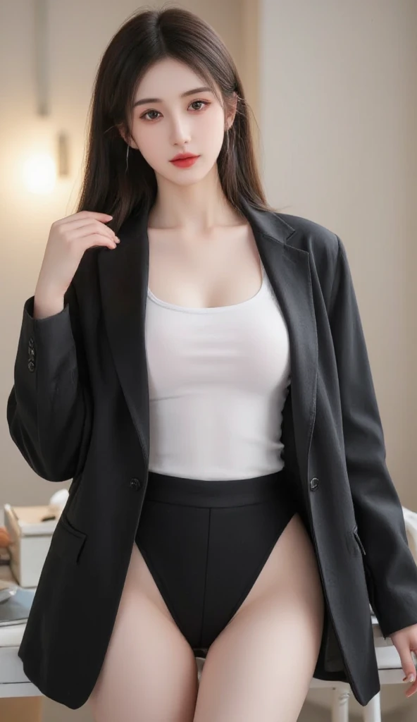 1girl,Solo,view the viewer,Realist,bent over,Black pantyhose,Exposed breasts,big breasts,Blunt bangs,Single hair bun,stand,perky ,Lace panties,love hotel,hand on pussy,big ass,office lady,white jacket,smile,squint,kneel,pee,pregnant,black thigh boots,