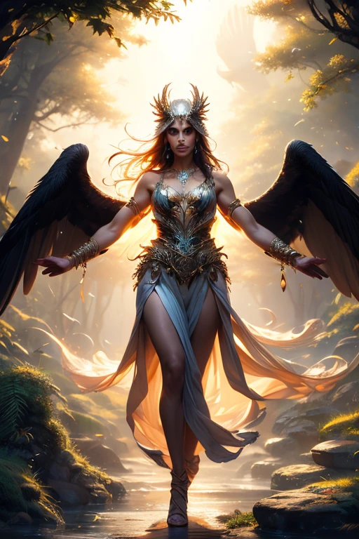 ((best quality)), ( high detail), (1girl), beautiful harpy perched on a limb, (griddy) dark mountain forest, HDR, 4k, 3D