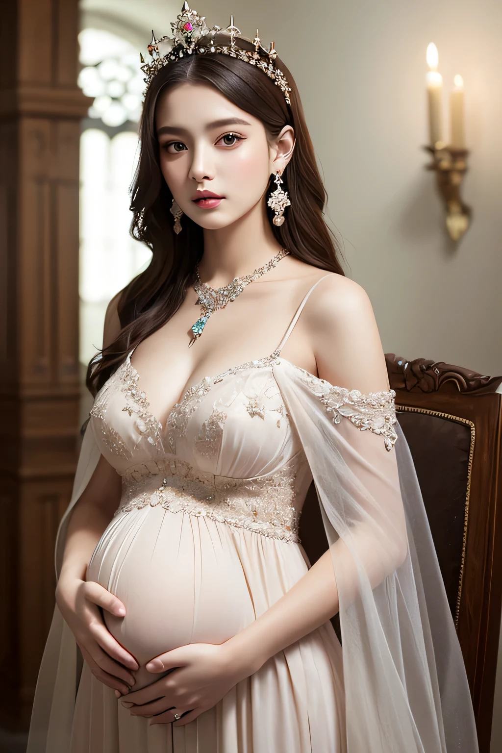 (best quality, ultra-detailed, realistic:1.37), professional, beautiful detailed eyes, beautiful detailed lips, detailed facial features, natural skin tones, perfect skin texture, delicate facial expressions, image in high resolution, realistic face, realistic skin, plain face, natural smile, highly detailed hair, 18yo, (Kiran, beautiful Indian young woman), radiates bridal glamour in an exquisite Lehenga Choli adorned with intricate embroidery and ornate jewelry. The high-resolution image captures ultra-detailed realism, highlighting Kiran's captivating eyes, expressive lips, and graceful facial features, enhancing her bridal beauty. The soft lighting and floral decorations create a visually stunning representation of traditional Indian weddings and the joyous celebration of love. Heavily pregnant, huge pregnant belly